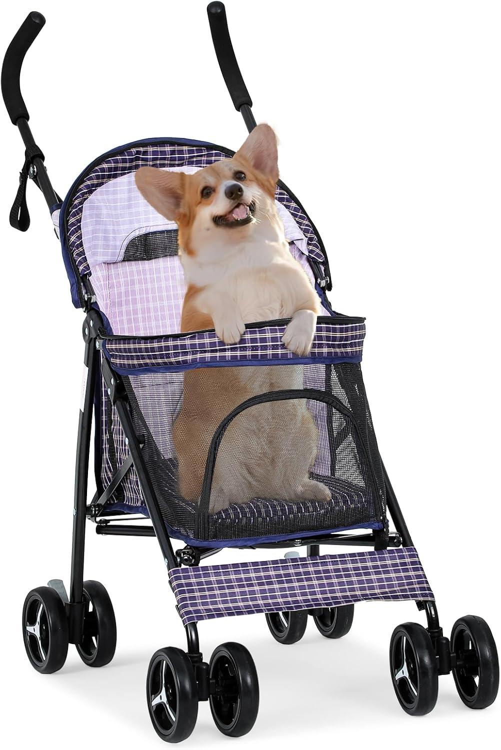 Plaid Steel Frame Foldable Pet Stroller with Rubber Wheels