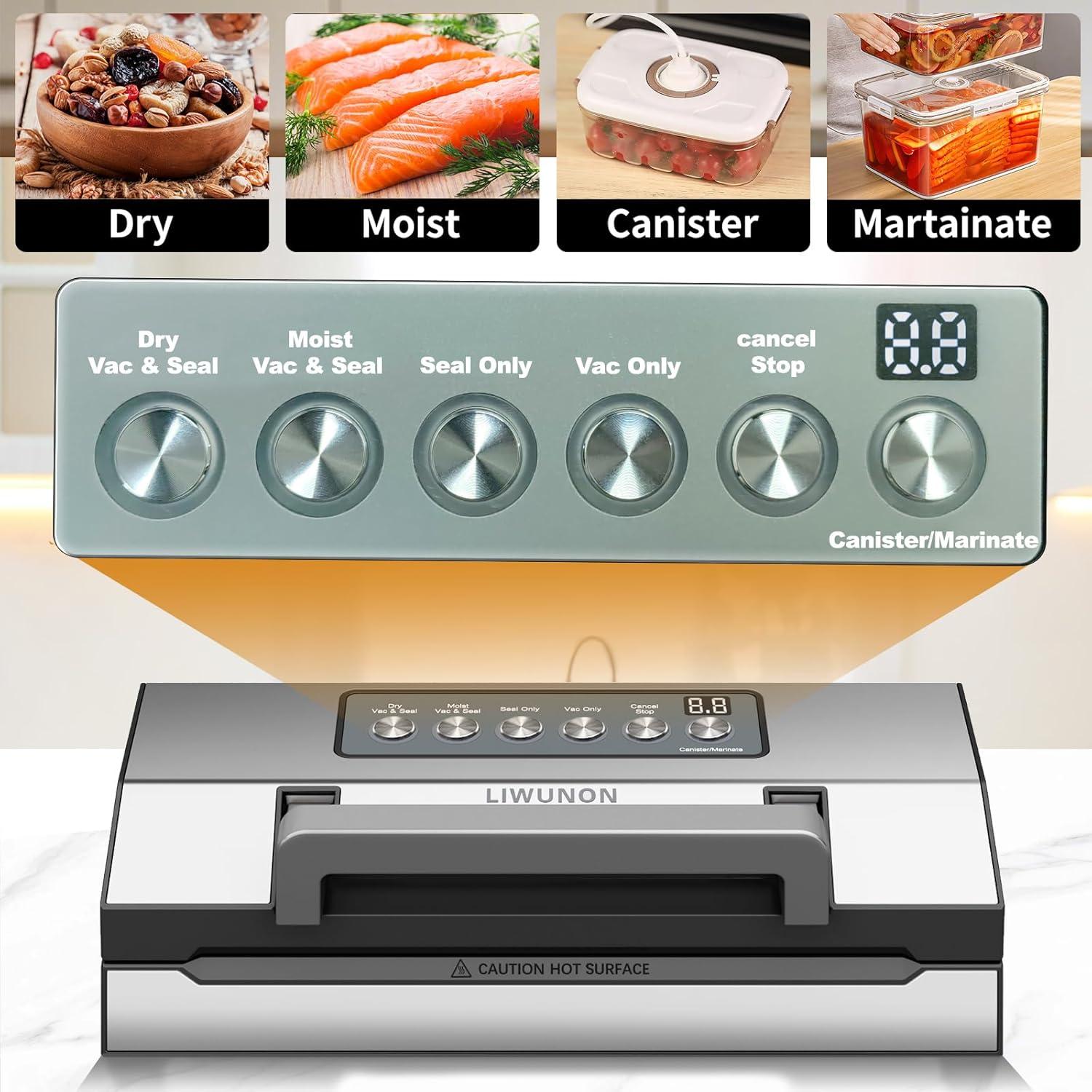 Precision Vacuum Sealer – LIWUNON Stainless Steel Food Vacuum Sealer Machine, Double Heat Seal, All-in-One Versatile for All Foods, Large Bag Storage, Built-in Cutter, Easy-Lock Handle