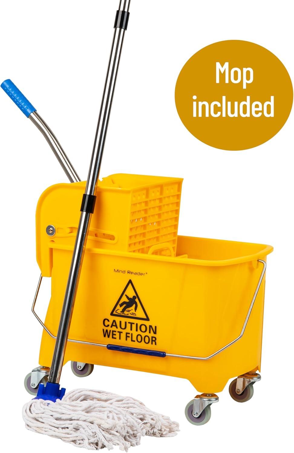 Mind Reader Bucket with Wringer and Mop Set, 22 Qt (5.5 Gallon), Floor Cleaning, Wheels, 16.25"L x 10.75"W x 24.5"H, Yellow