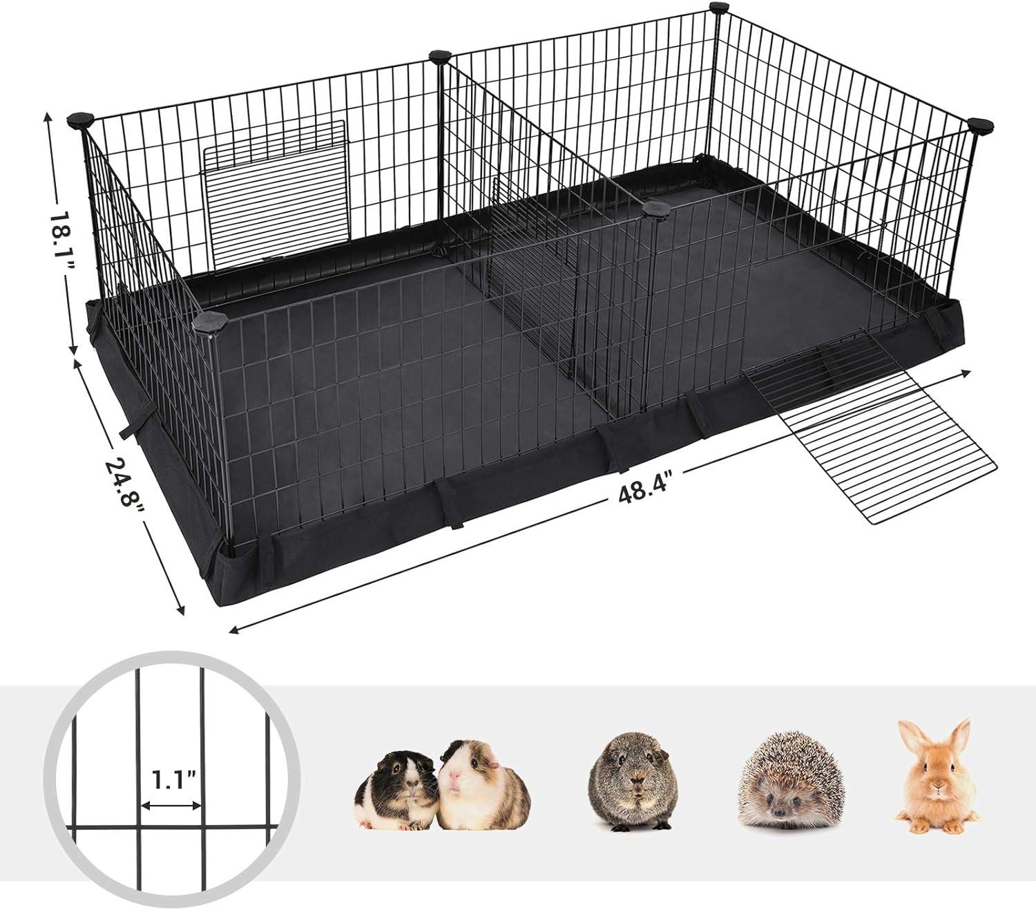 SONGMICS Guinea Pig Cages, Metal Grid Small Animal Playpen with Waterproof Liner, for Rabbits, Ferrets, Hedgehogs, 48.4 x 24.8 x 18.1 Inches, Black