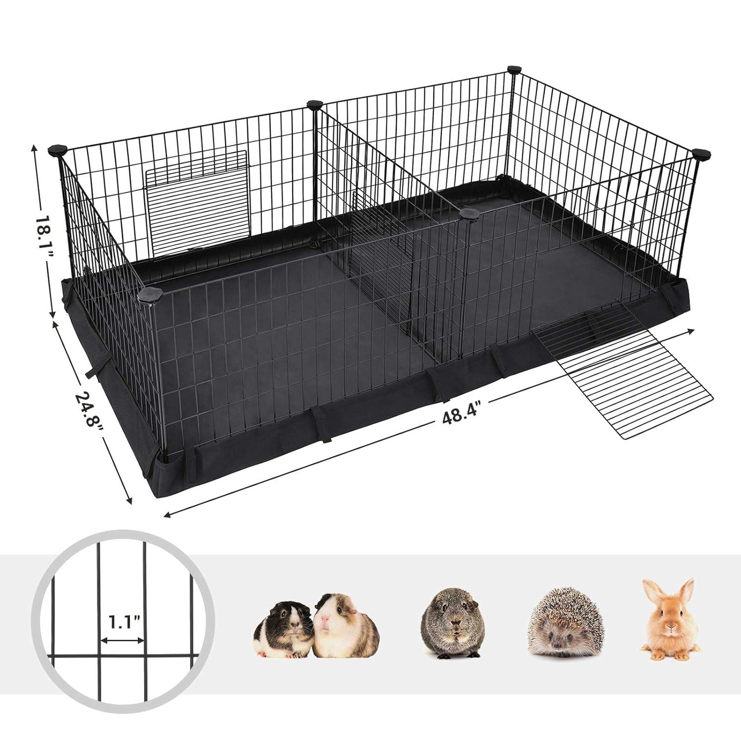 SONGMICS Guinea Pig Cages, Metal Grid Small Animal Playpen with Waterproof Liner, for Rabbits, Ferrets, Hedgehogs, 48.4 x 24.8 x 18.1 Inches, Black
