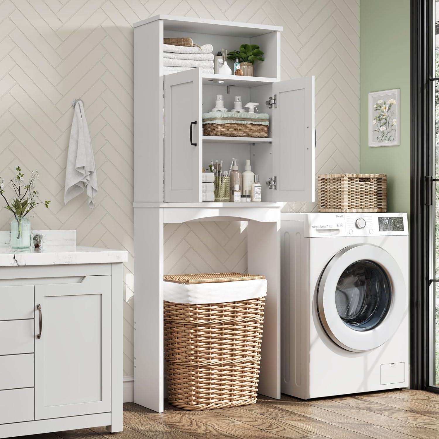 White Adjustable Over-the-Toilet Storage Cabinet with Glass Doors