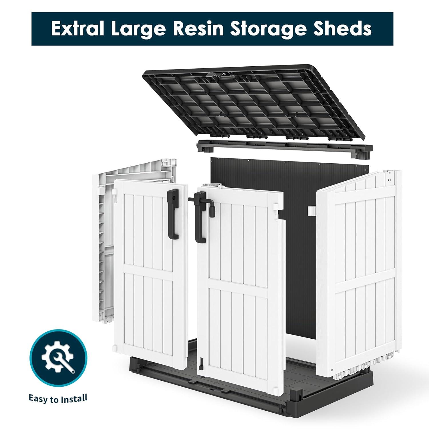 Outdoor Storage Shed 36 Cu. Ft.Horizontal Garden Storage Extra Large Capacity Weather Resistant Storage Box, Lockable Resin Waterproof Shed for Easy Storage of Garbage Cans, Tools, Lawn Mower