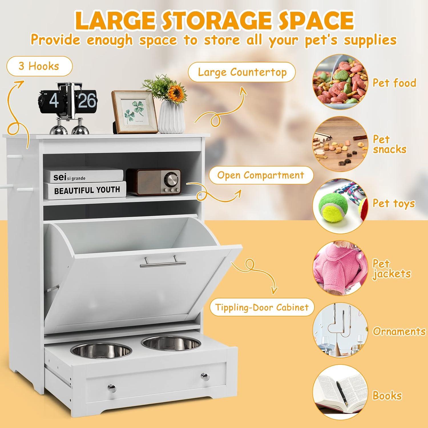 Kepooman Pet Feeder Station with Stainless Steel Bowl-White
