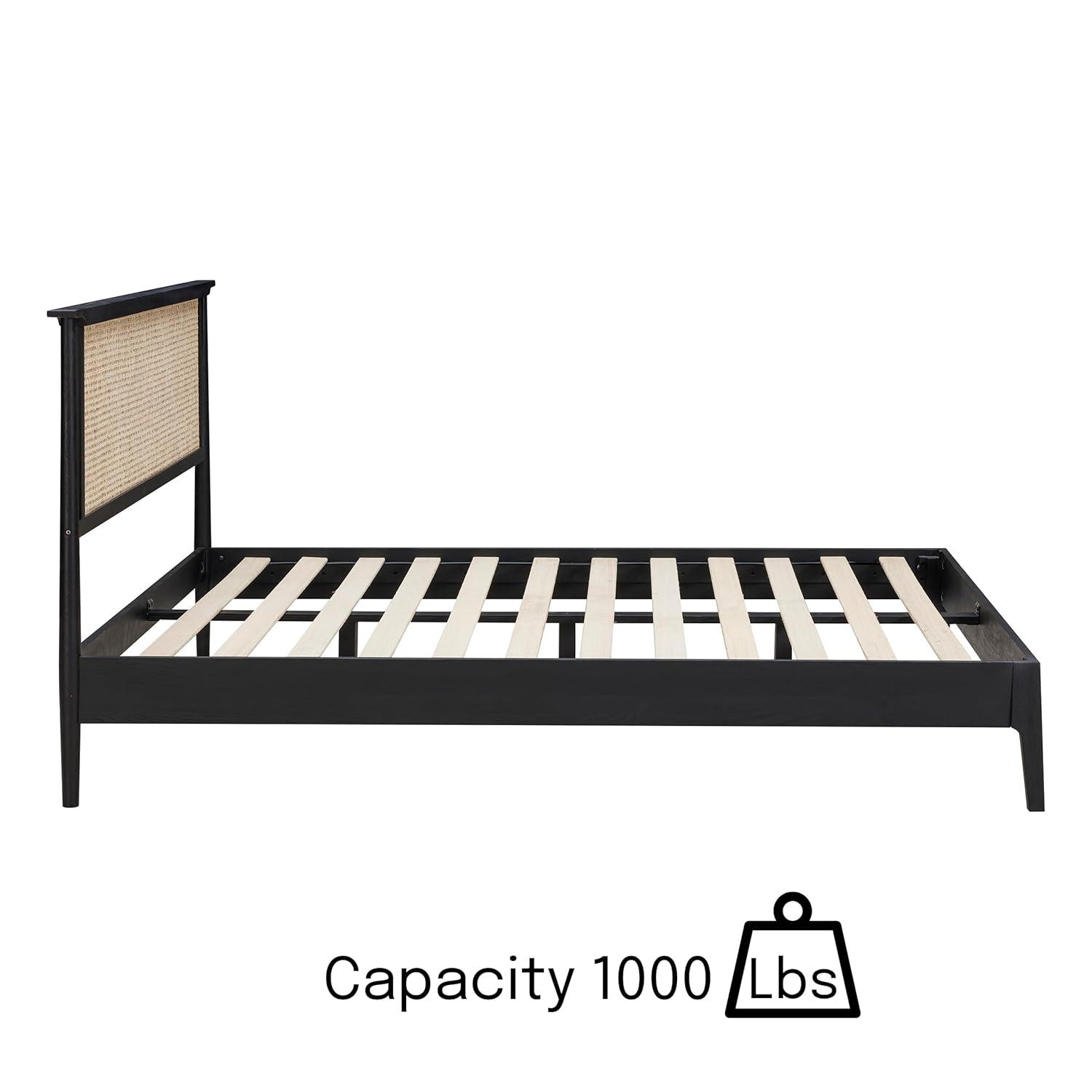 Ruby Wooden Bed Frame With Headboard And Natural Rattan, 1000 Lb Capacity
