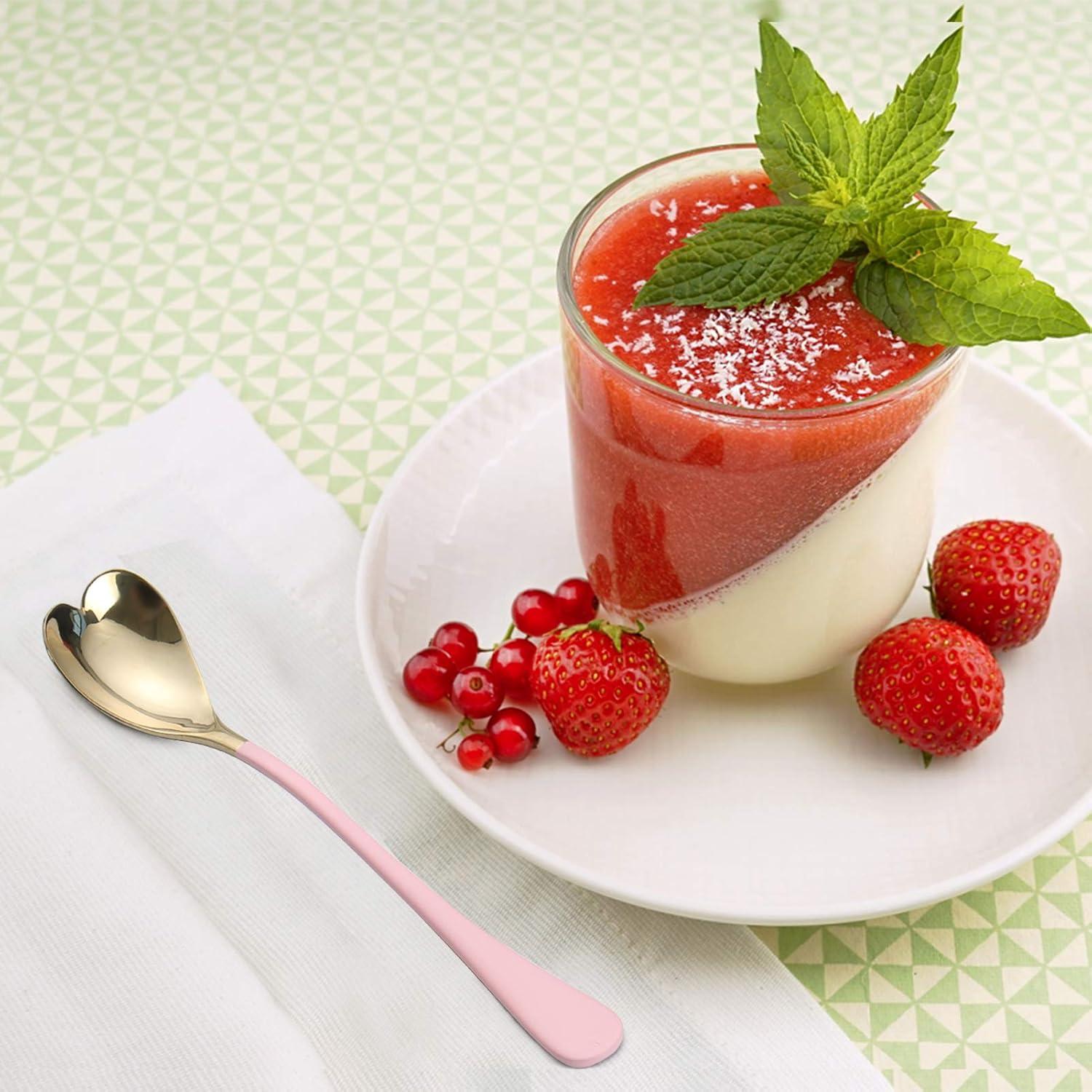 4 Pieces Dessert Spoons, 6.7 inches,Pink Heart Shaped, 18/10 Stainless Steel Ice Cream Spoons