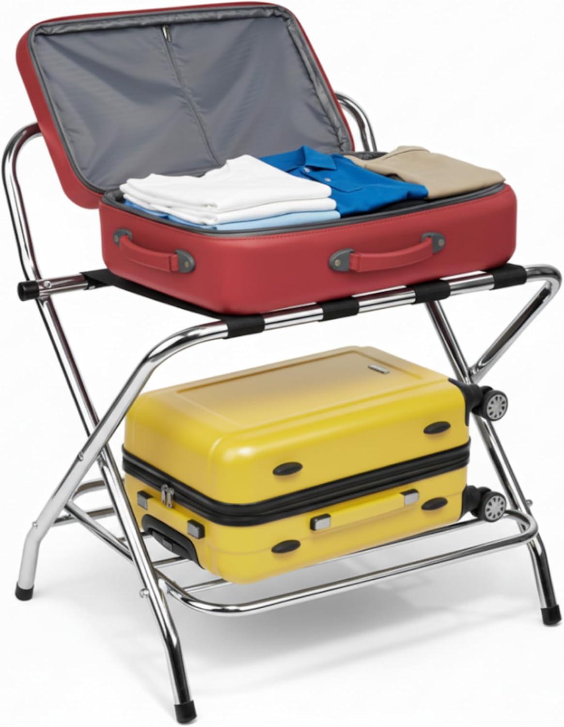 USTECH USTECH Luggage Rack-Double Tier, Assembled, Chrome, Storage Organizer, Pack of 1,