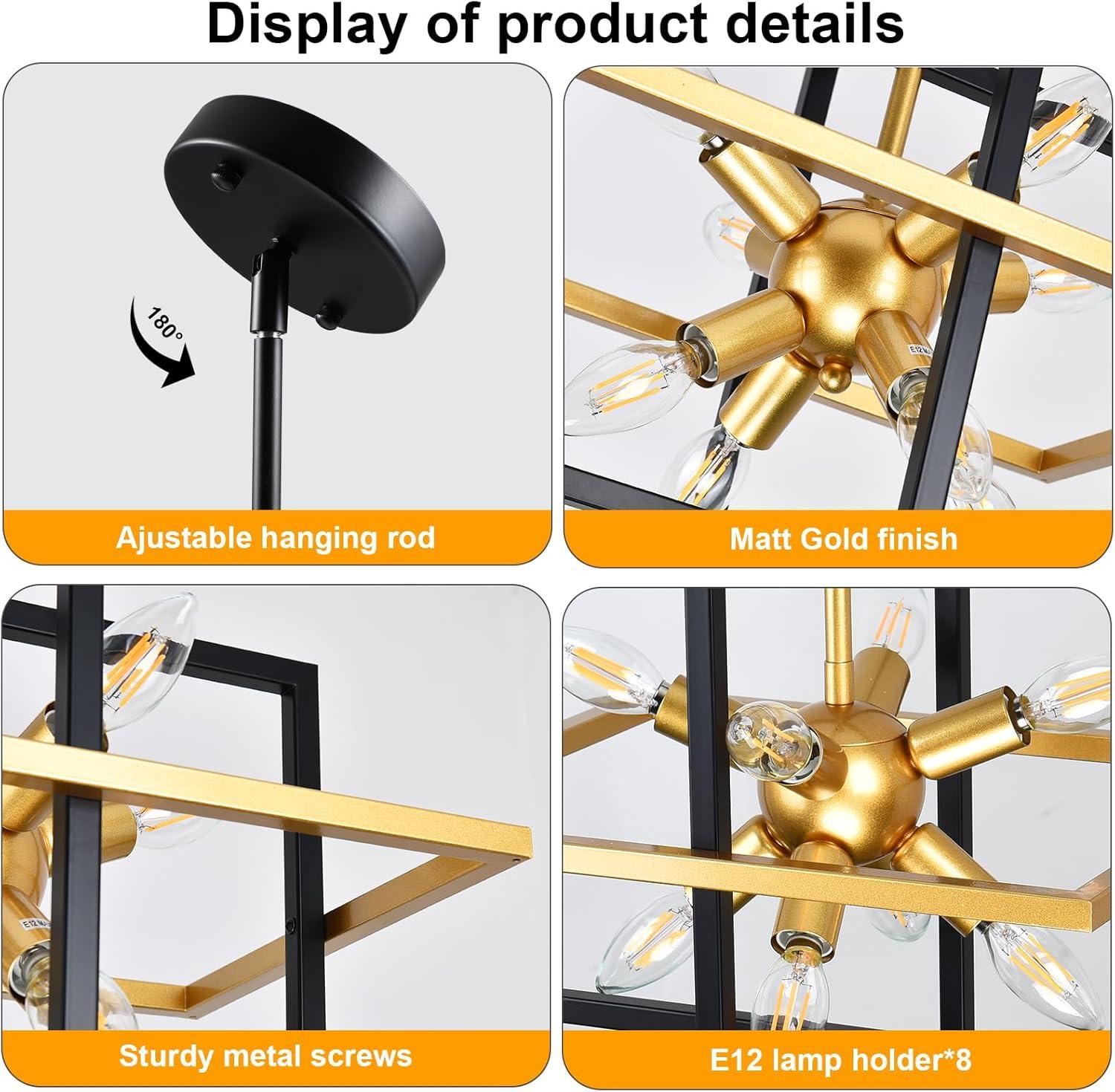 Modern Black and Gold Chandelier, 8-Light Geometric Pendant Light Fixture, Dining Light Fixtures Adjustable Chandelier for Dining Room Entryway Foyer Hallway Bedroom Living Room Kitchen Island