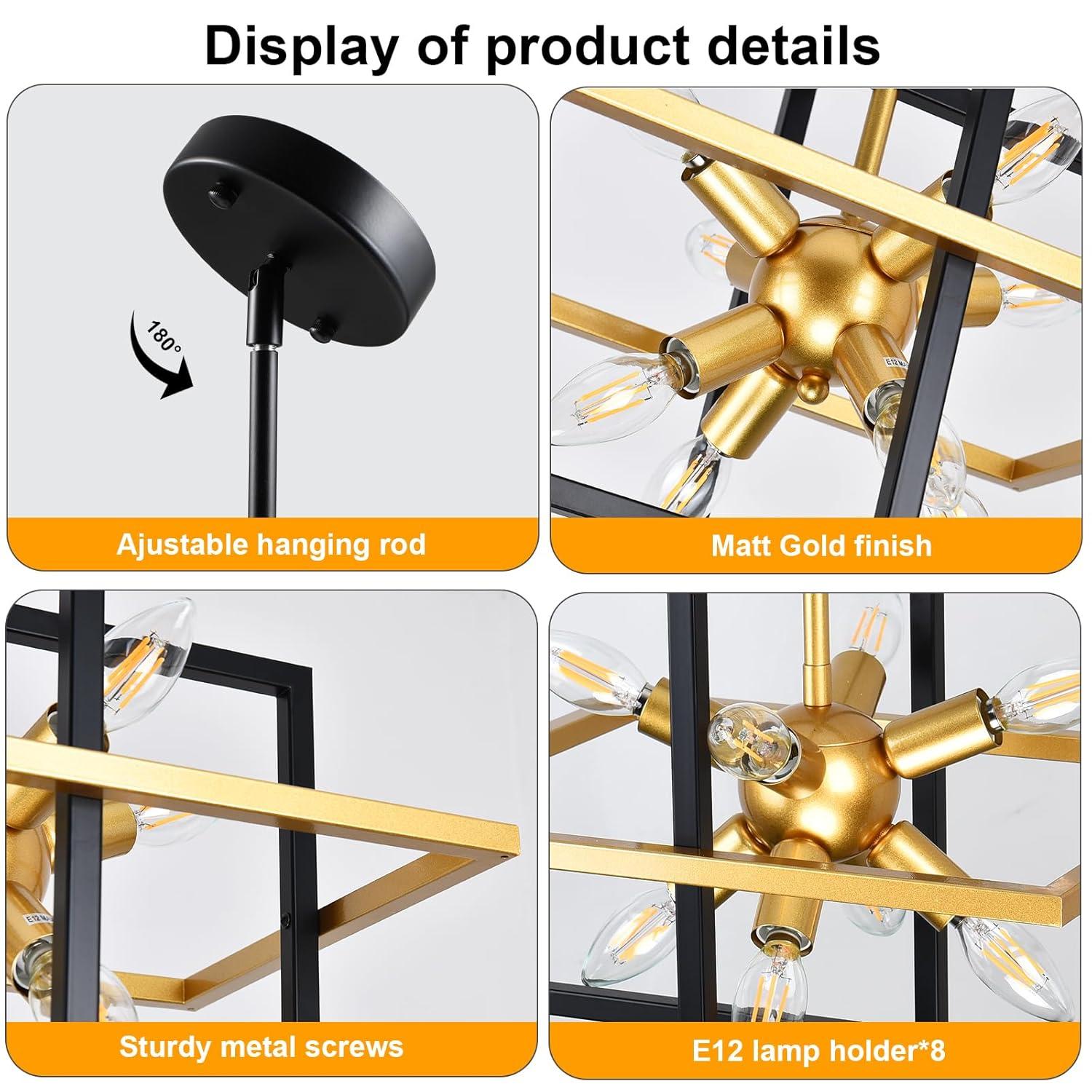 Modern Black and Gold Chandelier, 8-Light Geometric Pendant Light Fixture, Dining Light Fixtures Adjustable Chandelier for Dining Room Entryway Foyer Hallway Bedroom Living Room Kitchen Island