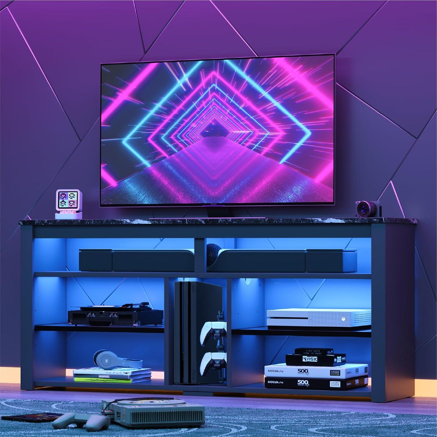 Bestier LED Tall Entertainment Center, 55/60/65 inch TV Stand with Storage for PS5 Xbox, Adjustable Shelf Media Console for Living Room, Black Marble