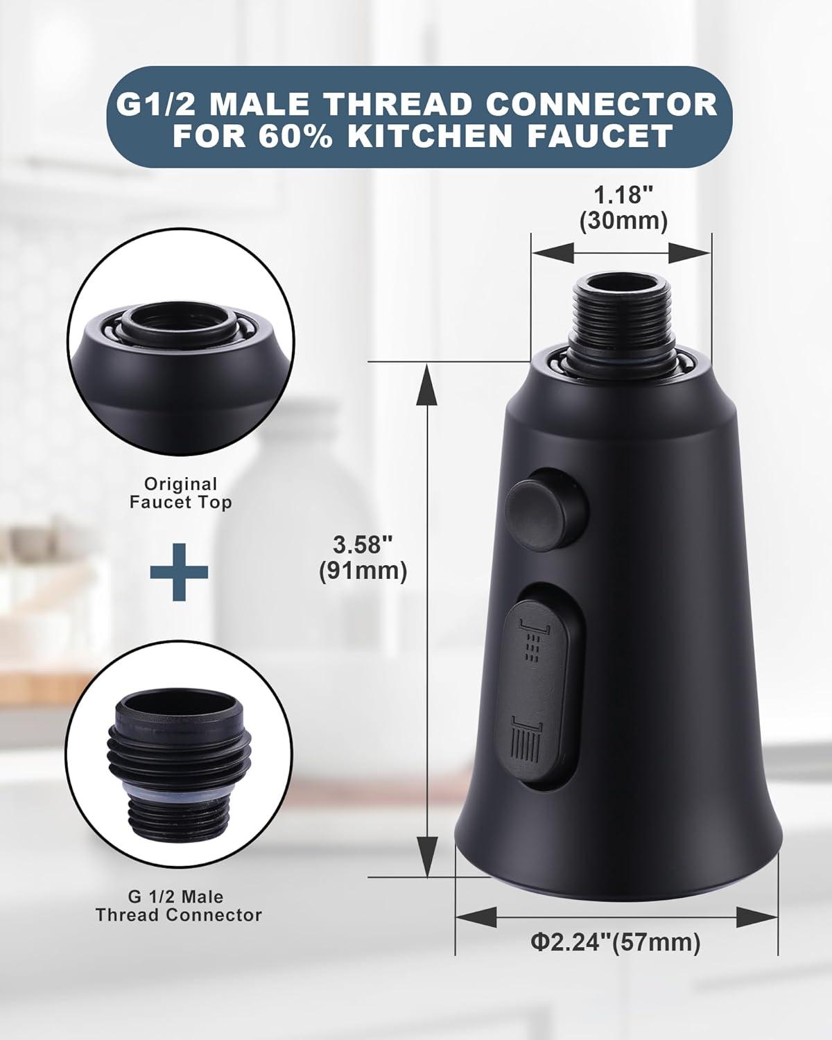 Matte Black 3-Function Kitchen Faucet Spray Head with Adapters