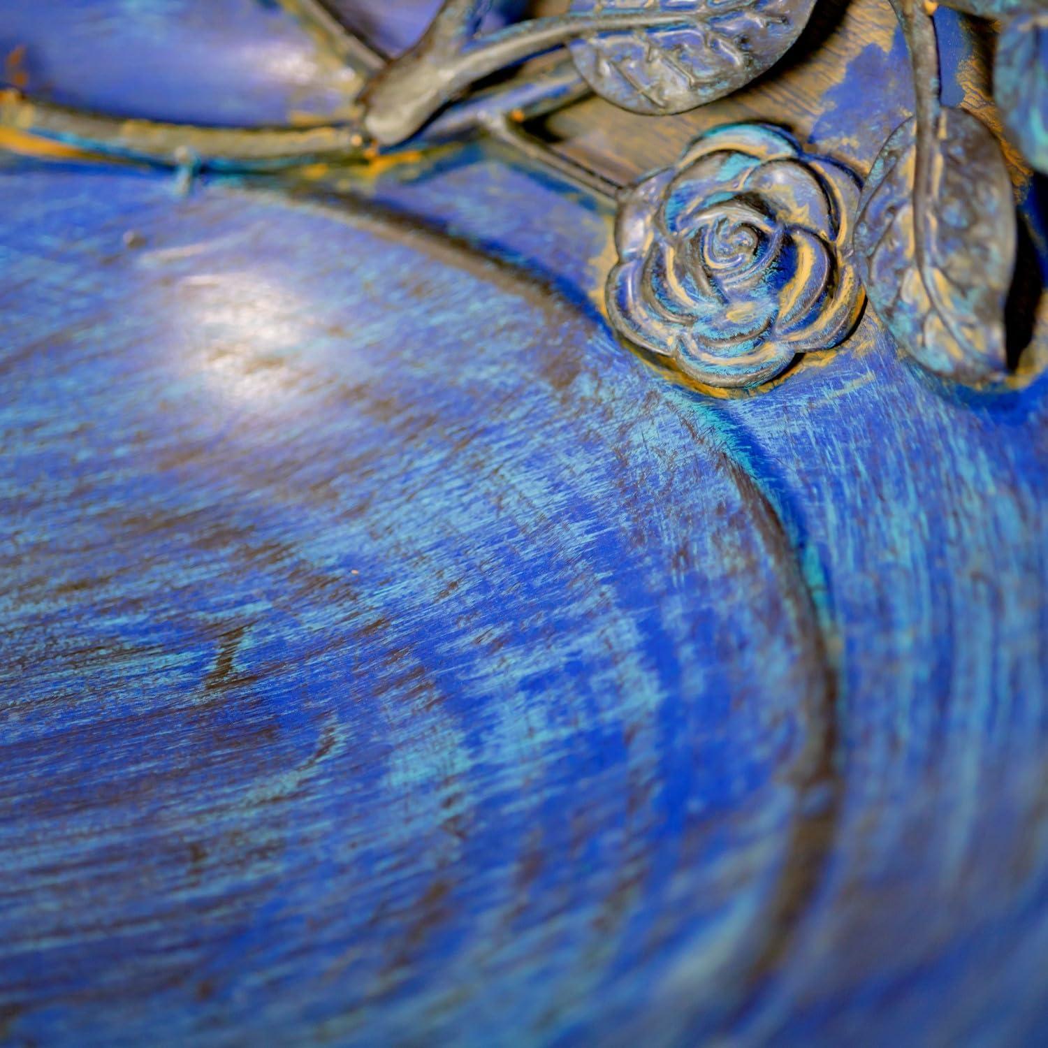 Zaer Ltd. Antique Blue Deep Round Metal Birdbath with Rose and Bird Accents