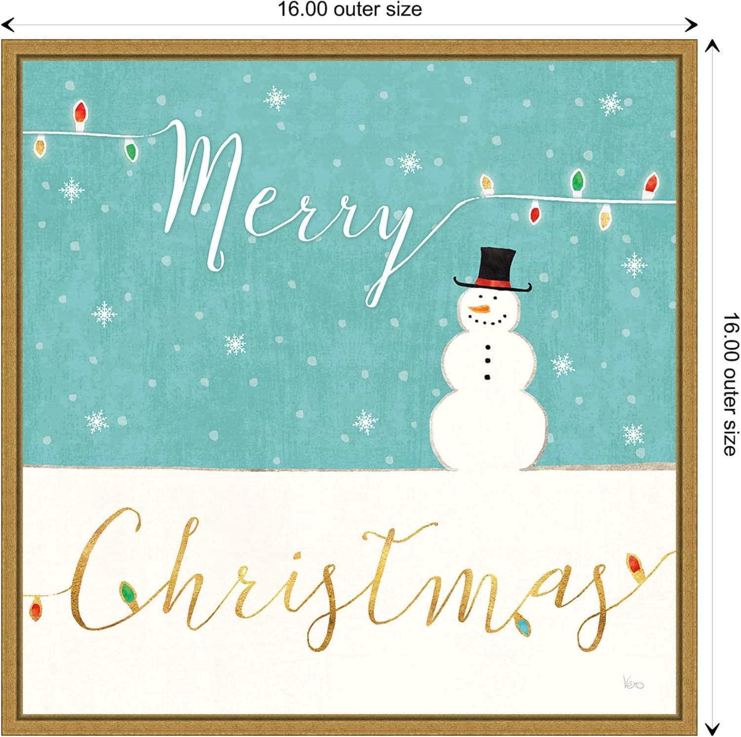 Merry Christmas Snowman Canvas Print with Gold Frame