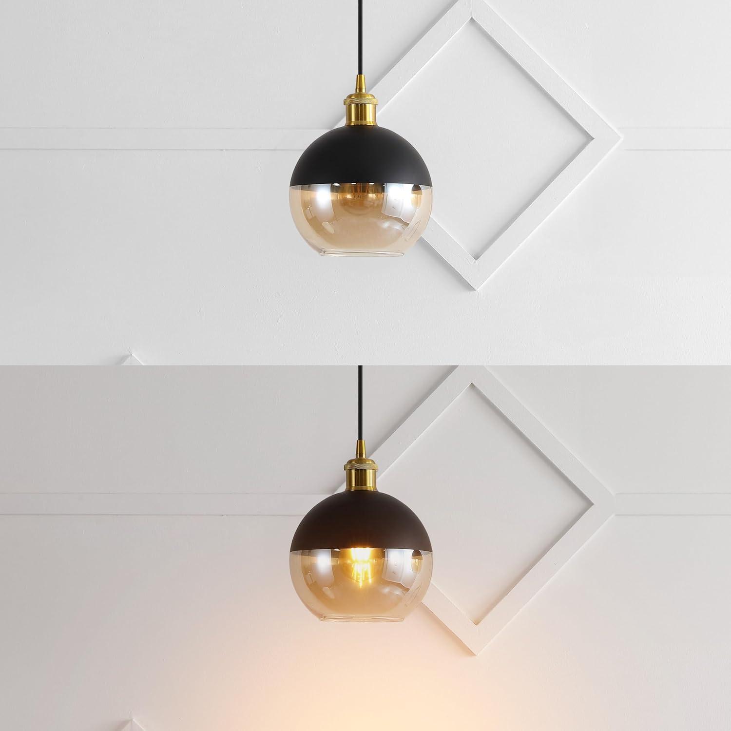 Nixon 7.5" 1-Light MidCentury Modern Metal/Glass Adjustable Drop Globe LED Pendant, Brass Gold/Black