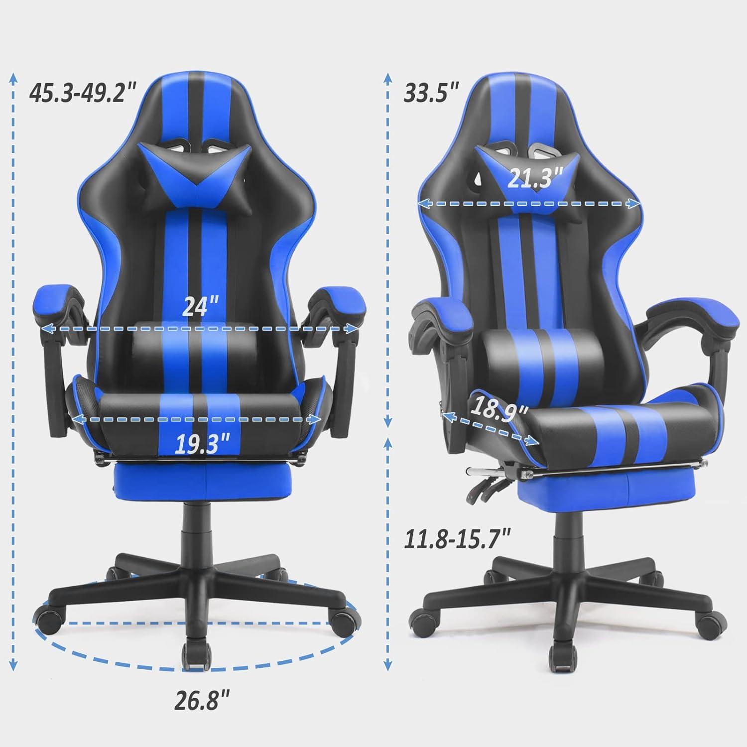 Ferghana Blue Gaming Chair with Footrest, High Back Office Chair with Massage Lumbar Pillow, Game Gamer Chairs for Adults Kids, Navy Blue