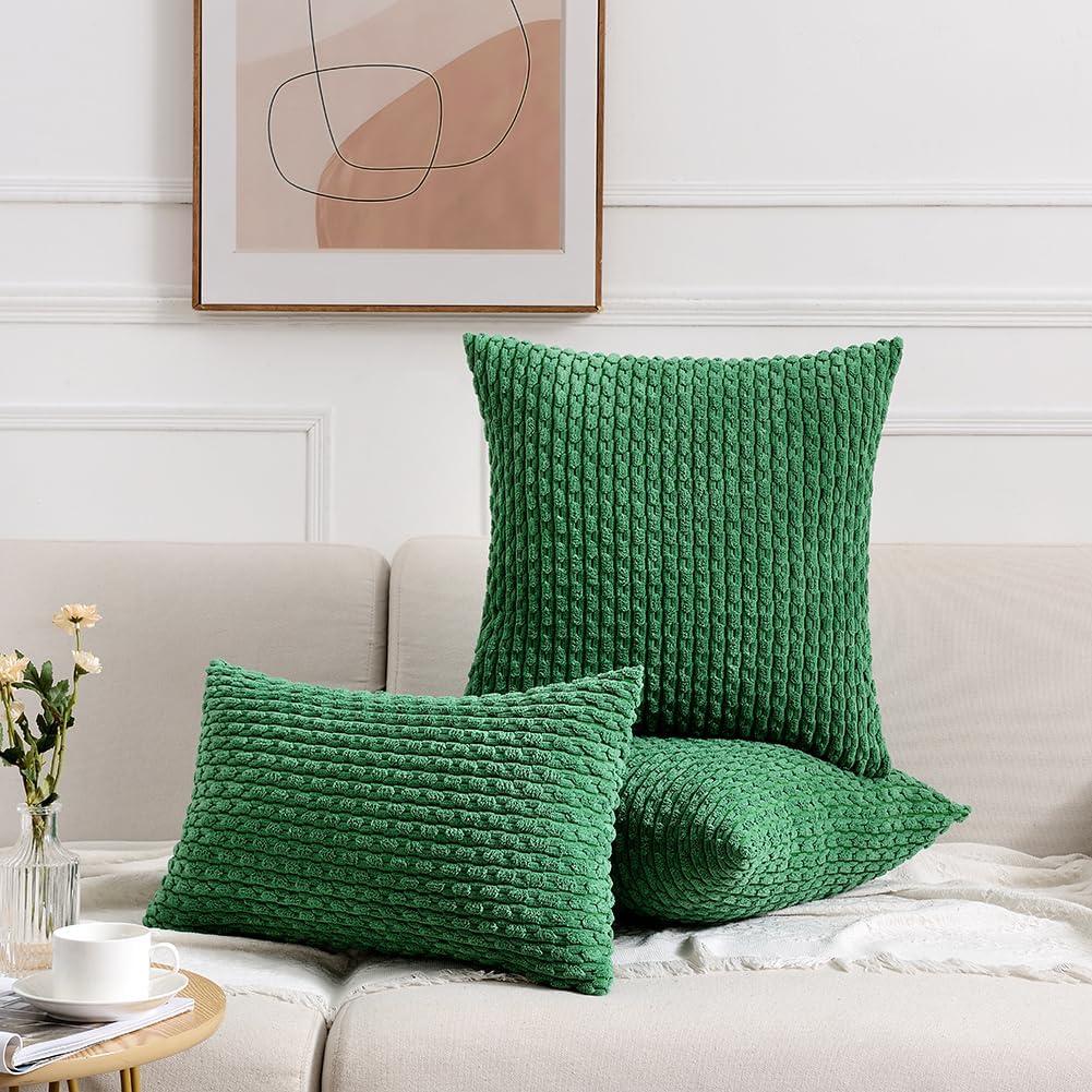 Sage Green Corduroy Lumbar Pillow Covers with Stripes - Set of 2