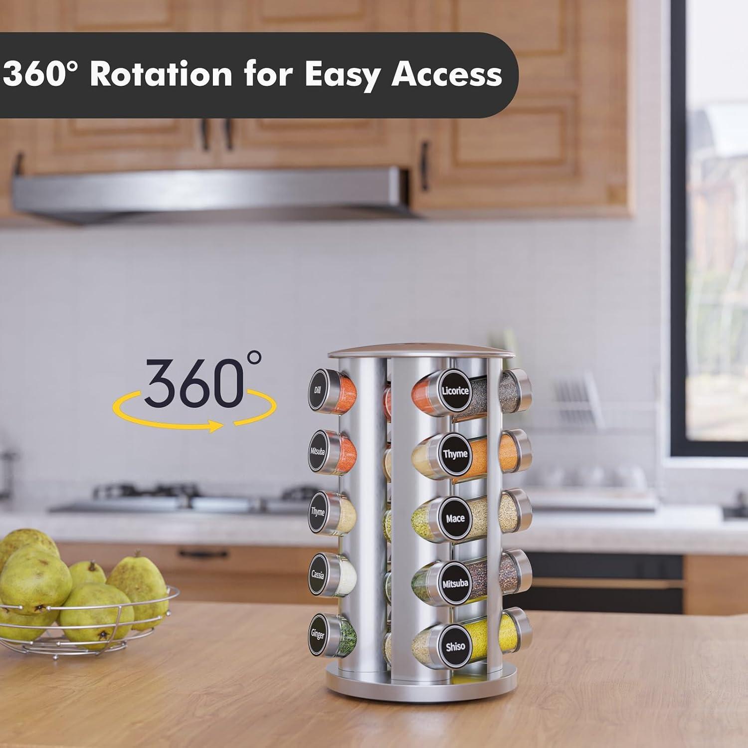 New England Stories Revolving Spice Rack Set with 20 Spice Jars - Kitchen Spice Tower Organizer for Countertop or Cabinet, Includes 386 Spice Labels, Rotating Desktop Seasoning Organizer