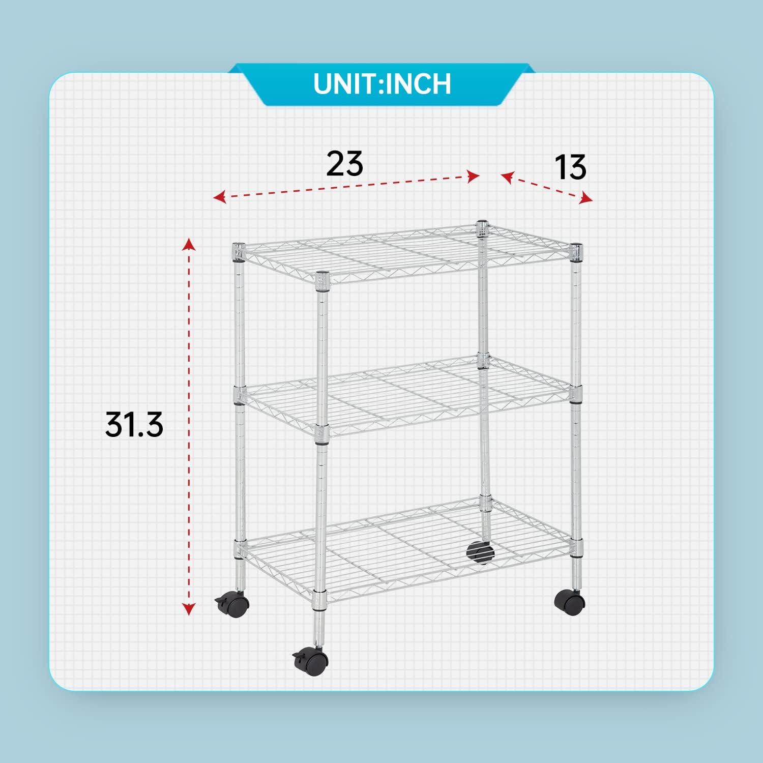 Bestoffice 3 Tier Wire Shelving 23x13 x32 Layer Storage Shelves with Wheels for Small Places,Chrome