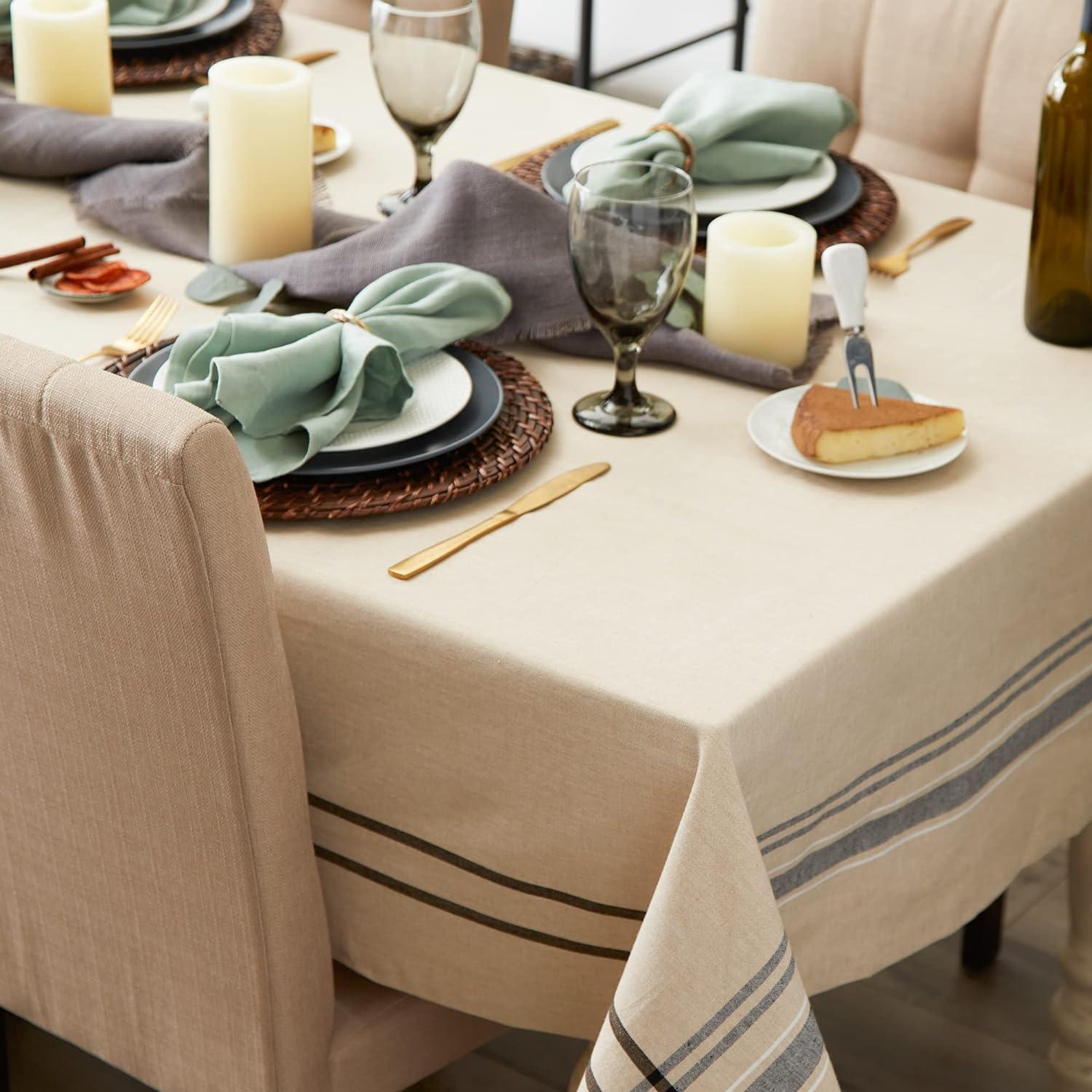 Cream and Taupe Striped Rectangular Cotton Tablecloth