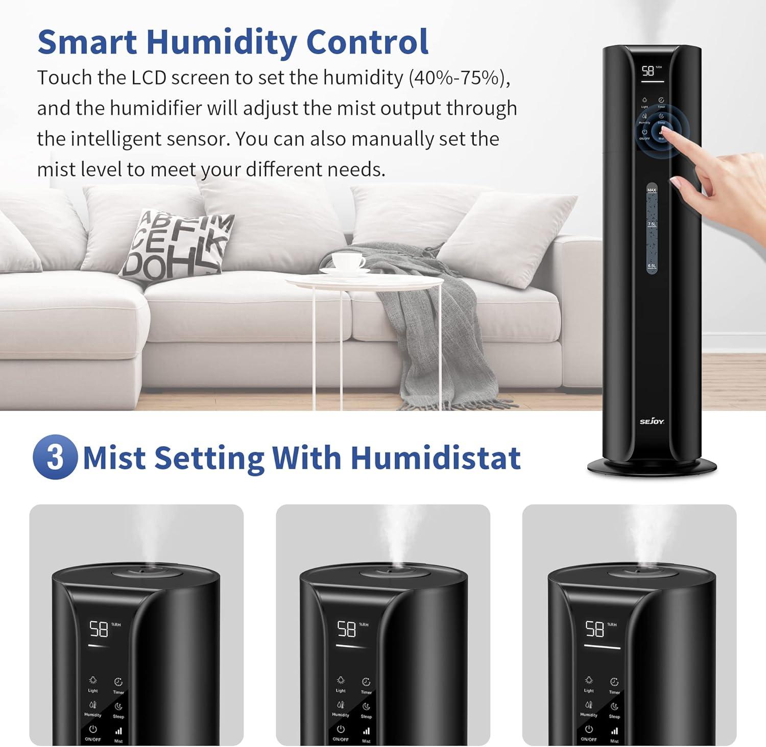 Sejoy Humidifier for Room Home Bedroom, 9L 2.4Gal Cool Mist Tower Top Fill Large Humidifier with Essential Oils,Whole House Floor Humidifiers for Baby,Pets,Plants,with Remote,360° Nozzle,Black