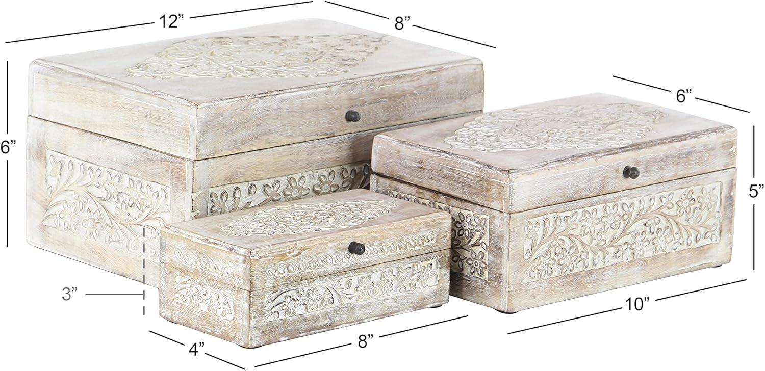 Set of 3 Whitewashed Mango Wood Carved Lidded Boxes