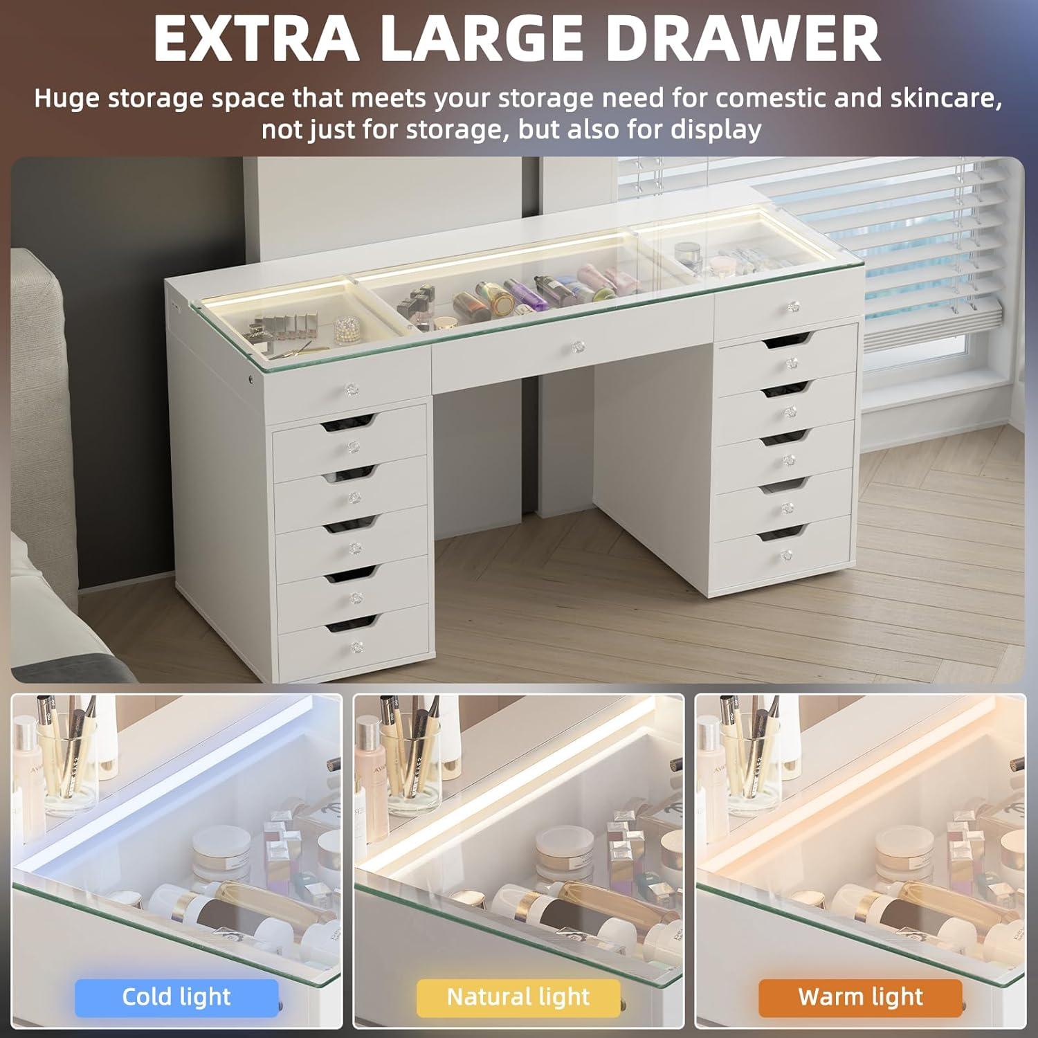 White 60" Vanity Desk with 13 Drawers and LED Lighting