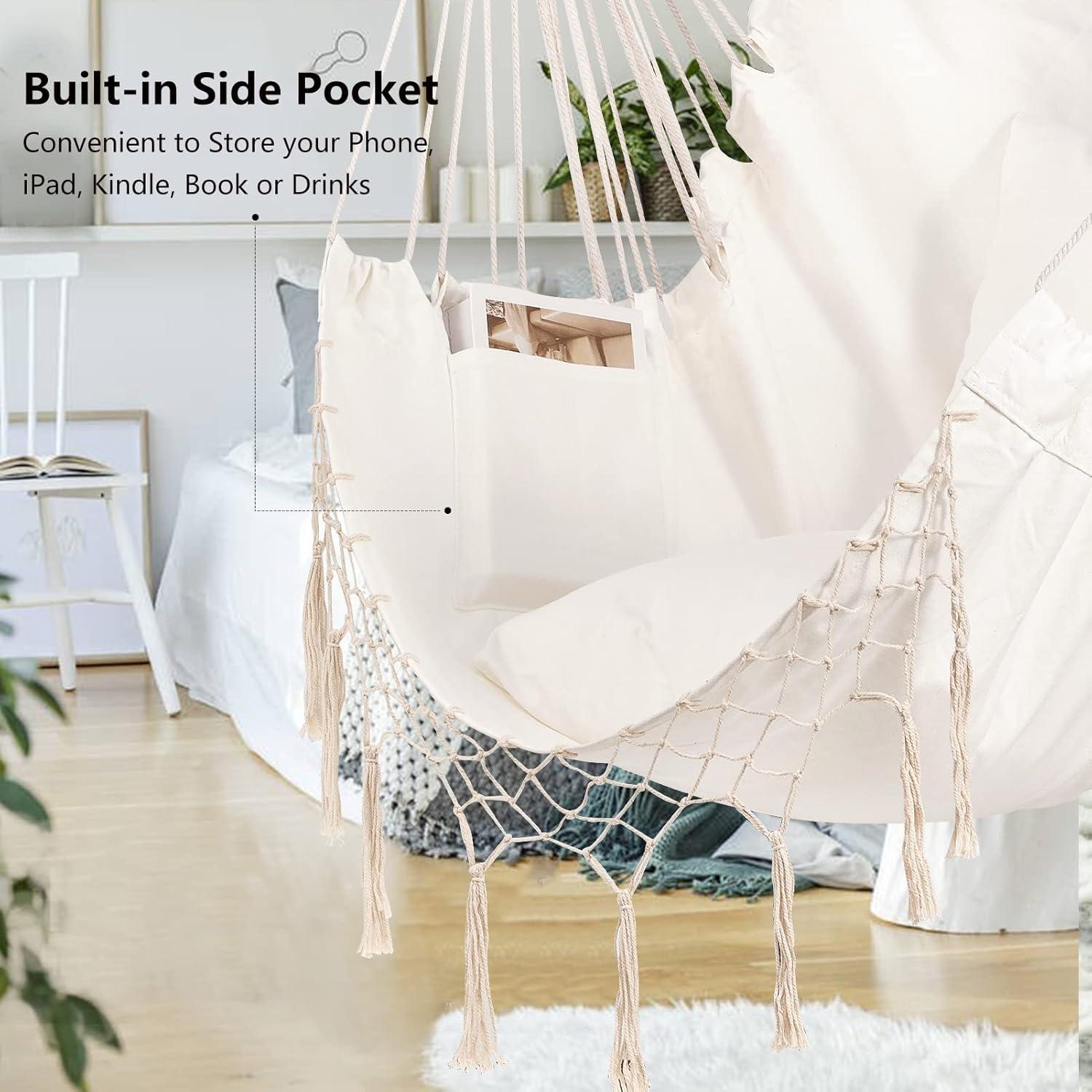 Large Beige Cotton Hanging Rope Hammock Chair with Pocket