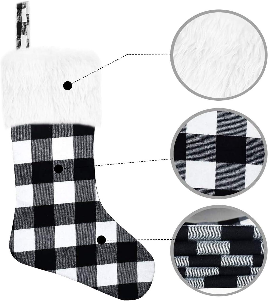 Christmas Stockings- 4 Pcs 18inch Buffalo Plaid Christmas Stockings with Plush Faux Fur Cuff, Classic Large Christmas Stockings Decorations for Family Christmas Holiday Party (Black and White)