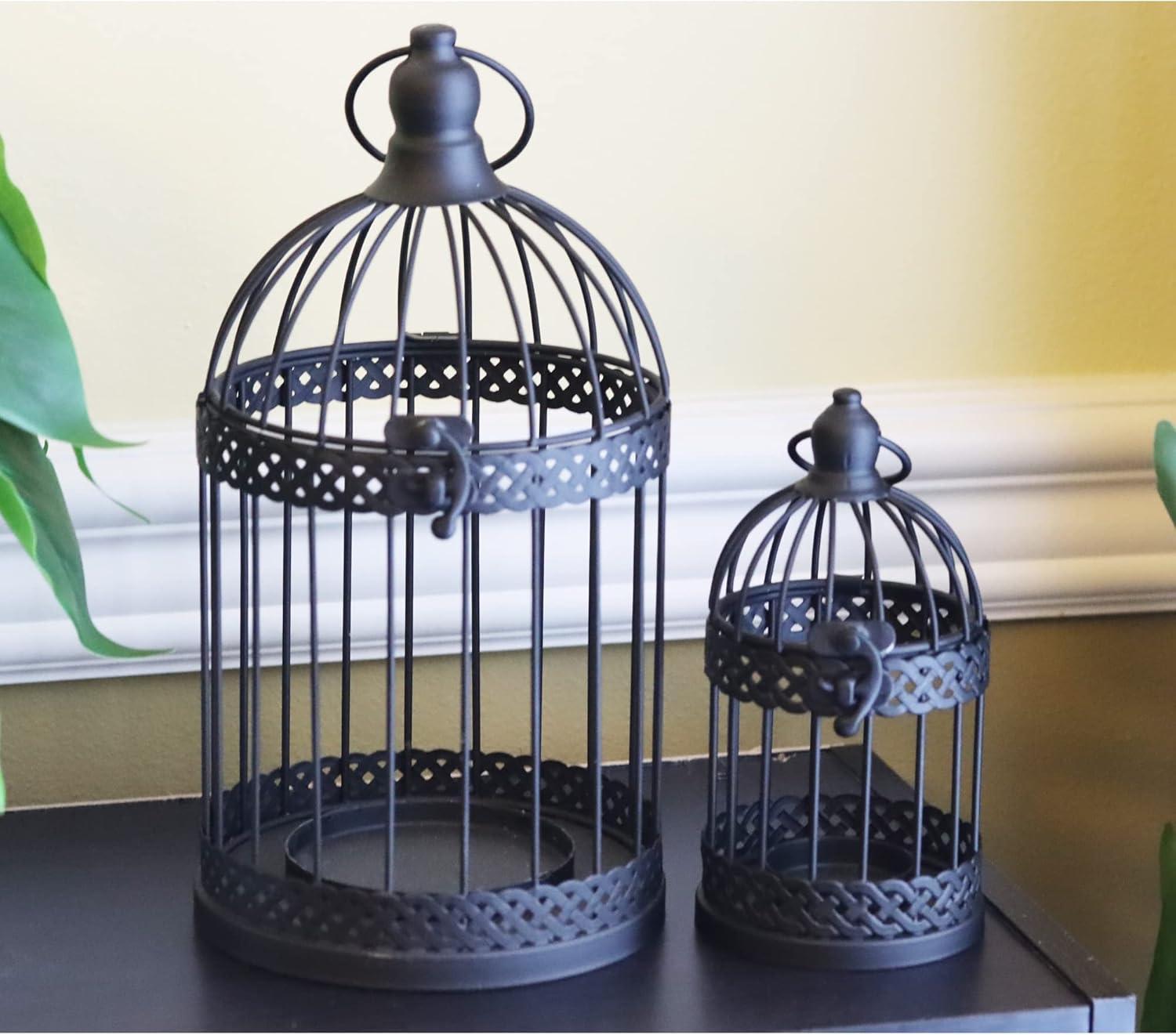 VELA LANTERNS Bird Cage Decor Candle Holder Lantern Decorative Table Centerpiece Halloween Decorations, 10" and 6" Tall, Black, Set of 2