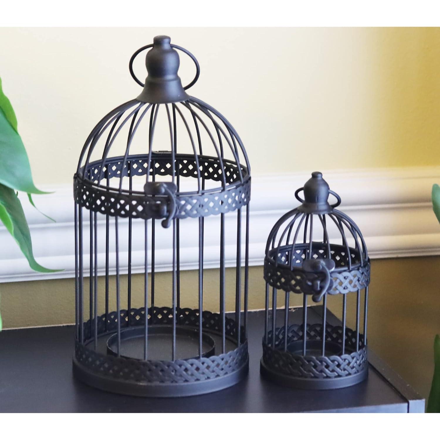 VELA LANTERNS Bird Cage Decor Candle Holder Lantern Decorative Table Centerpiece Halloween Decorations, 10" and 6" Tall, Black, Set of 2