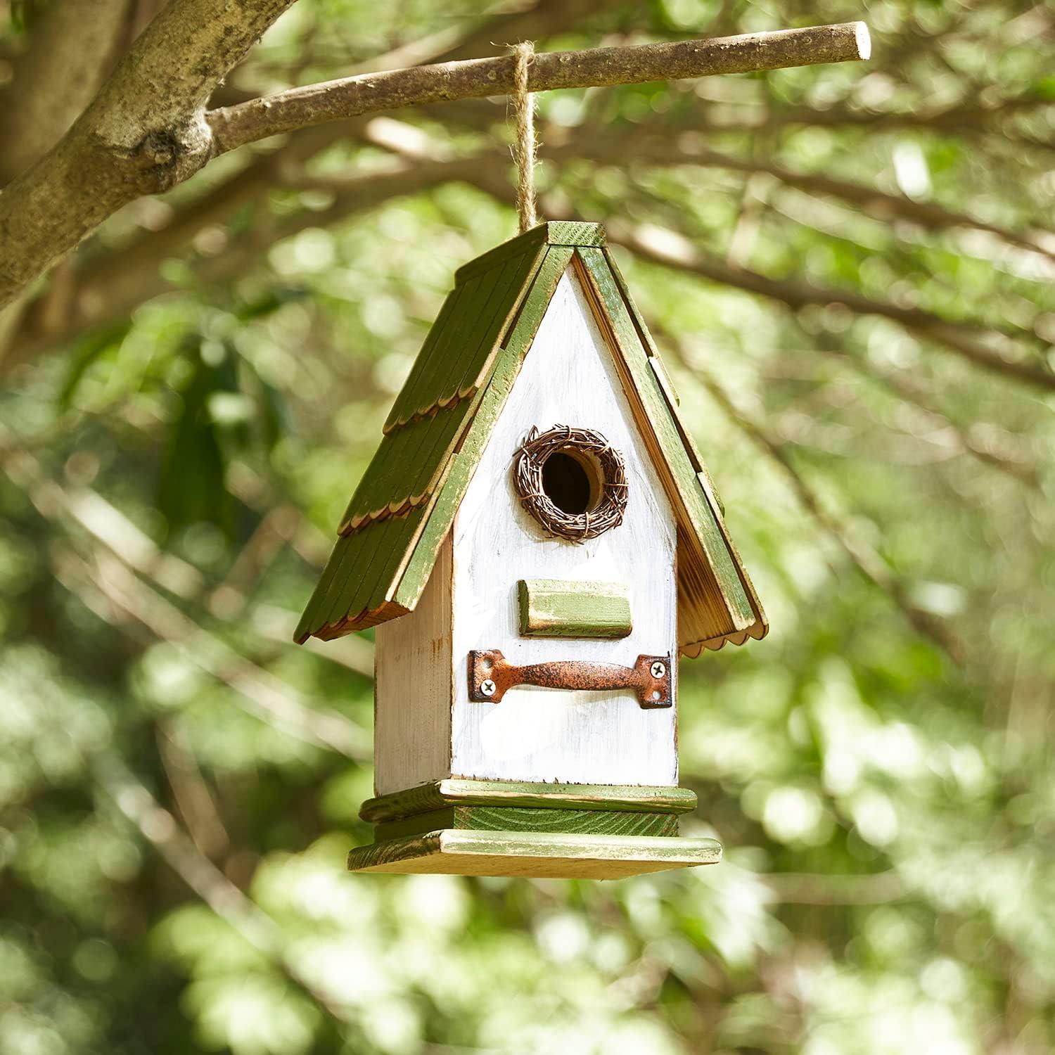 10.5" Hand Painted Distressed Wood Birdhouse with Green Roof