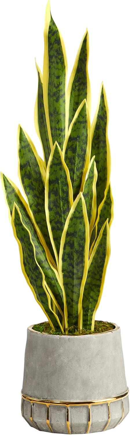 34" Faux Sansevieria in Stoneware Planter with Gold Trim