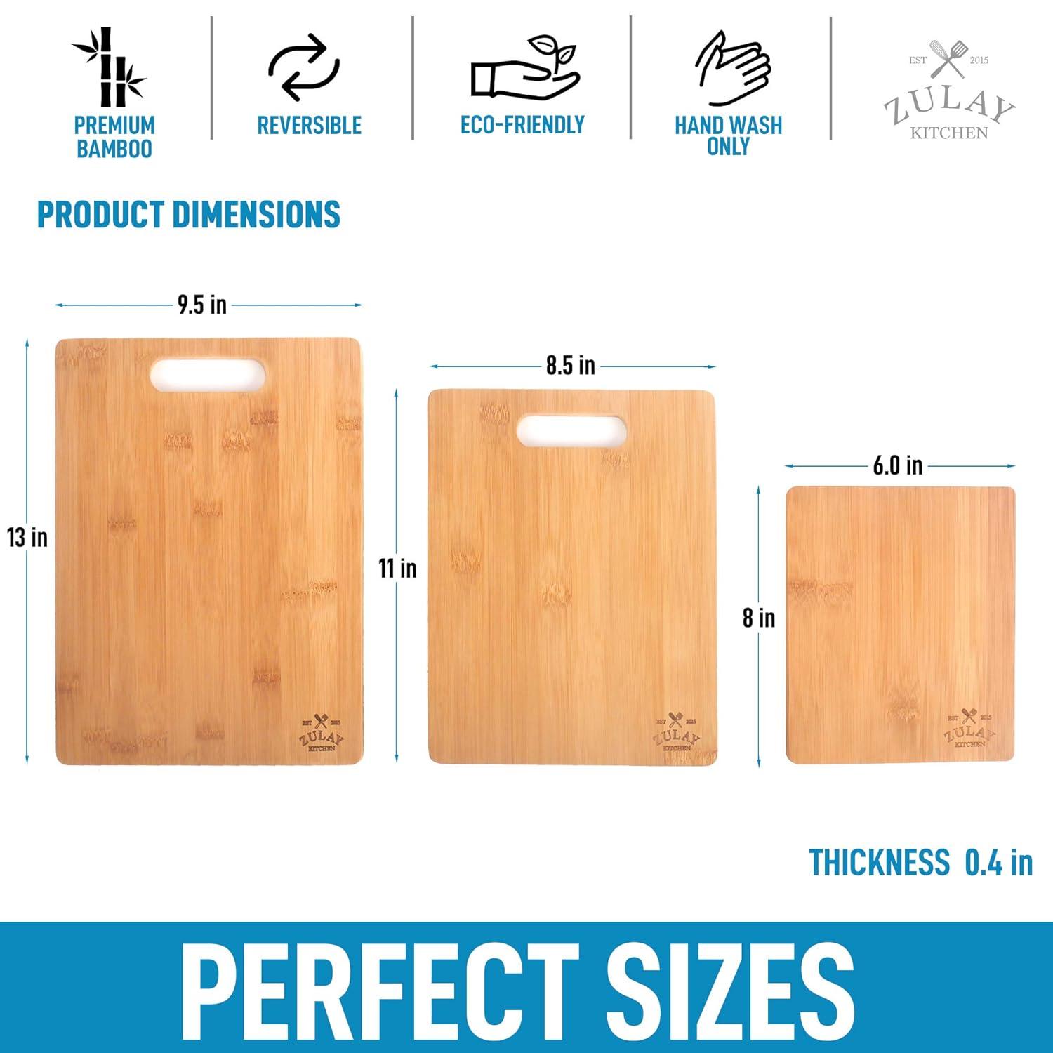 Zulay Kitchen (3-Piece) Bamboo Wooden Cutting Boards For Kitchen - Premium 3 Assorted Sizes (9.5"x13", 8.5"x11", and 6"x8")