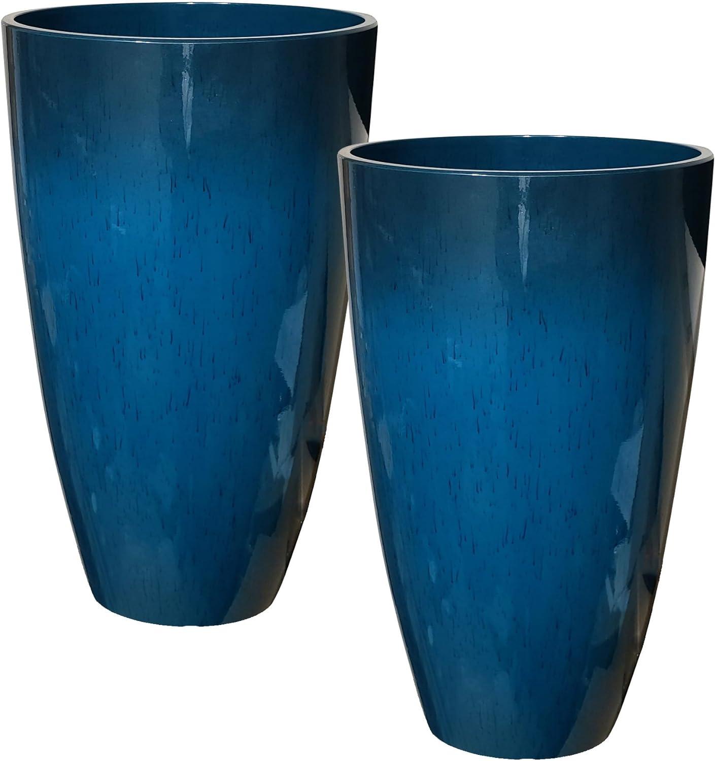 Blue Glossy Tall Round Indoor/Outdoor Planters, Set of 2