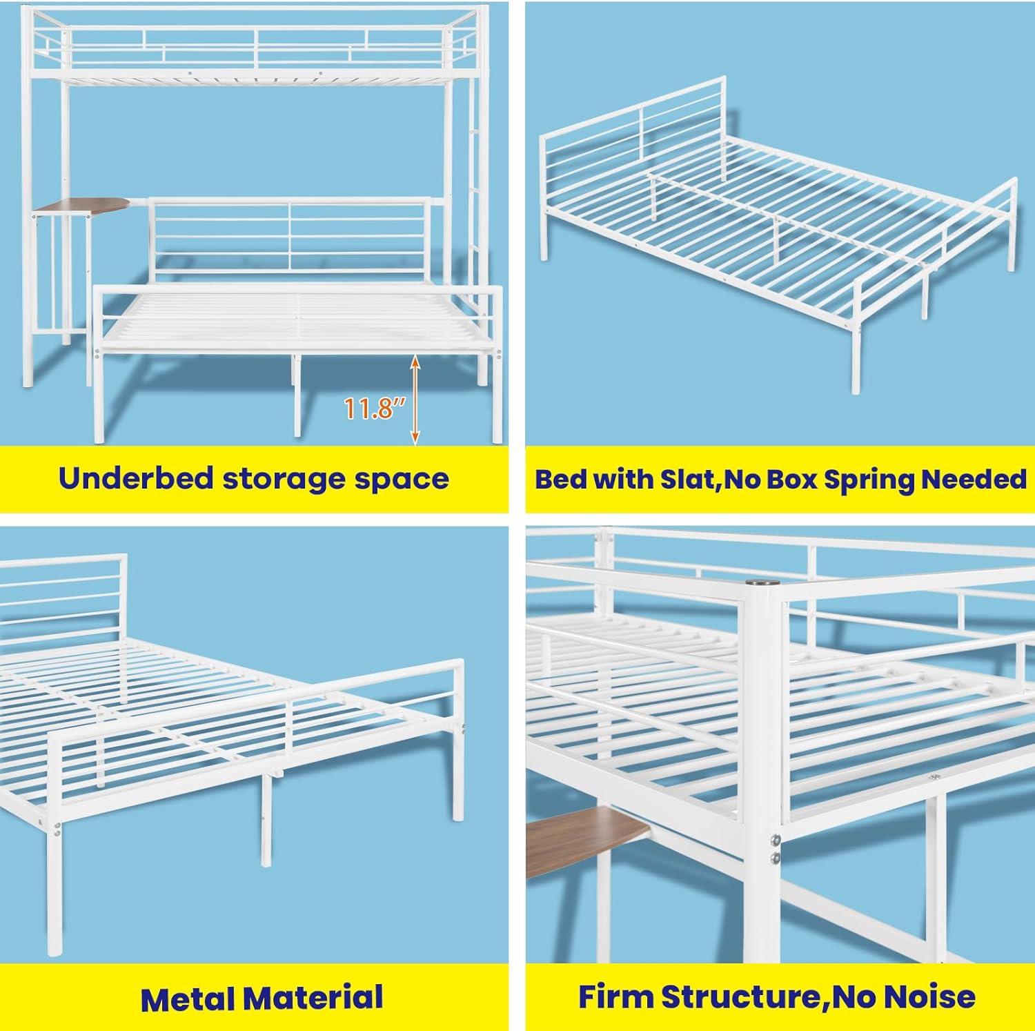 White Metal Twin Over Full Bunk Bed with Desk and Storage