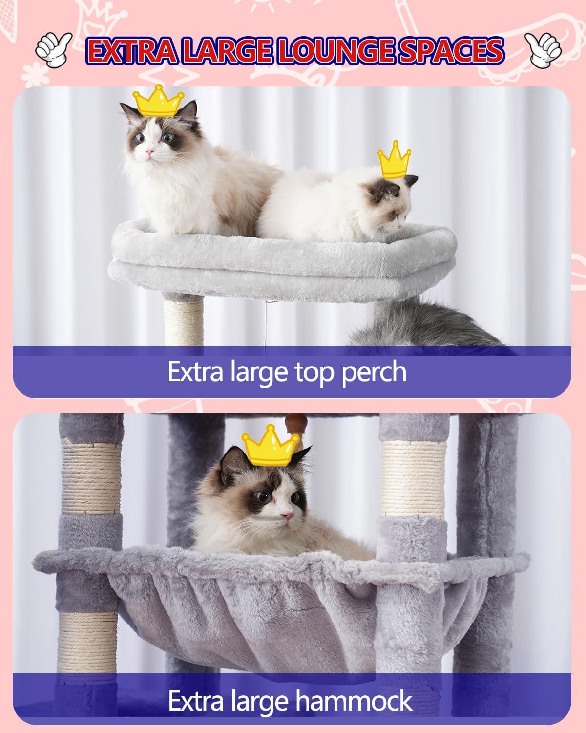 63" Cat Tree For Large Breeds - Spacious Platforms, Hammock, Sisal Scratching Posts & Cat Condo, Indoor Use