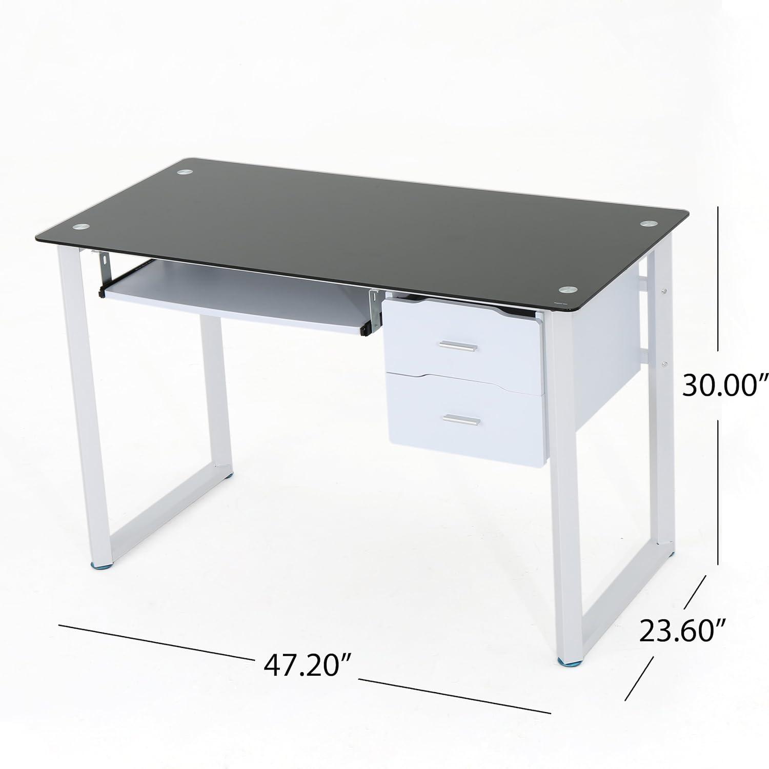 Sleek Black Tempered Glass Computer Desk with Keyboard Tray and Drawers