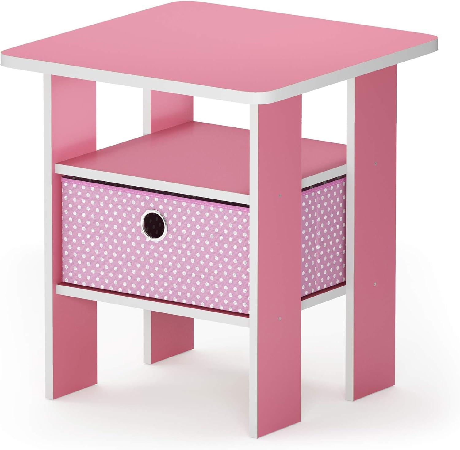 Pink and White Particle Board End Table with Fabric Drawer