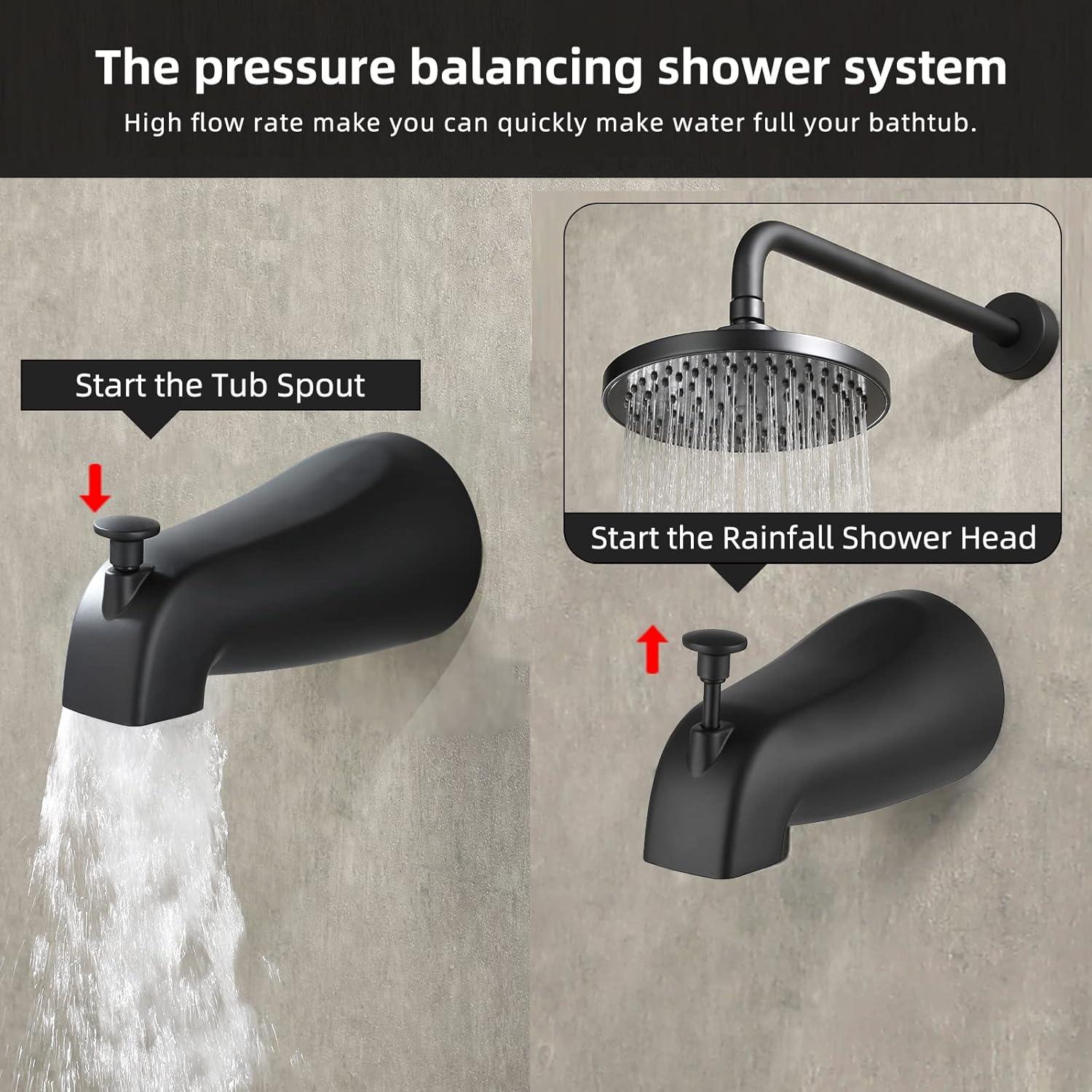 Matte Black Wall Mounted Rain Shower Faucet Set with Tub Spout