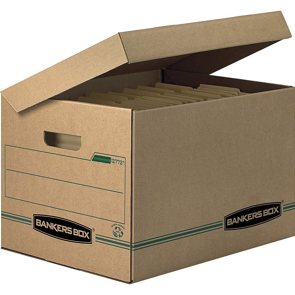 Bankers Box 12 Pack SYSTEMATIC Basic-Duty 100% Recycled File Storage Boxes, Standard Setup, Attached Flip Top Lid, Letter/Legal, Kraft/Green