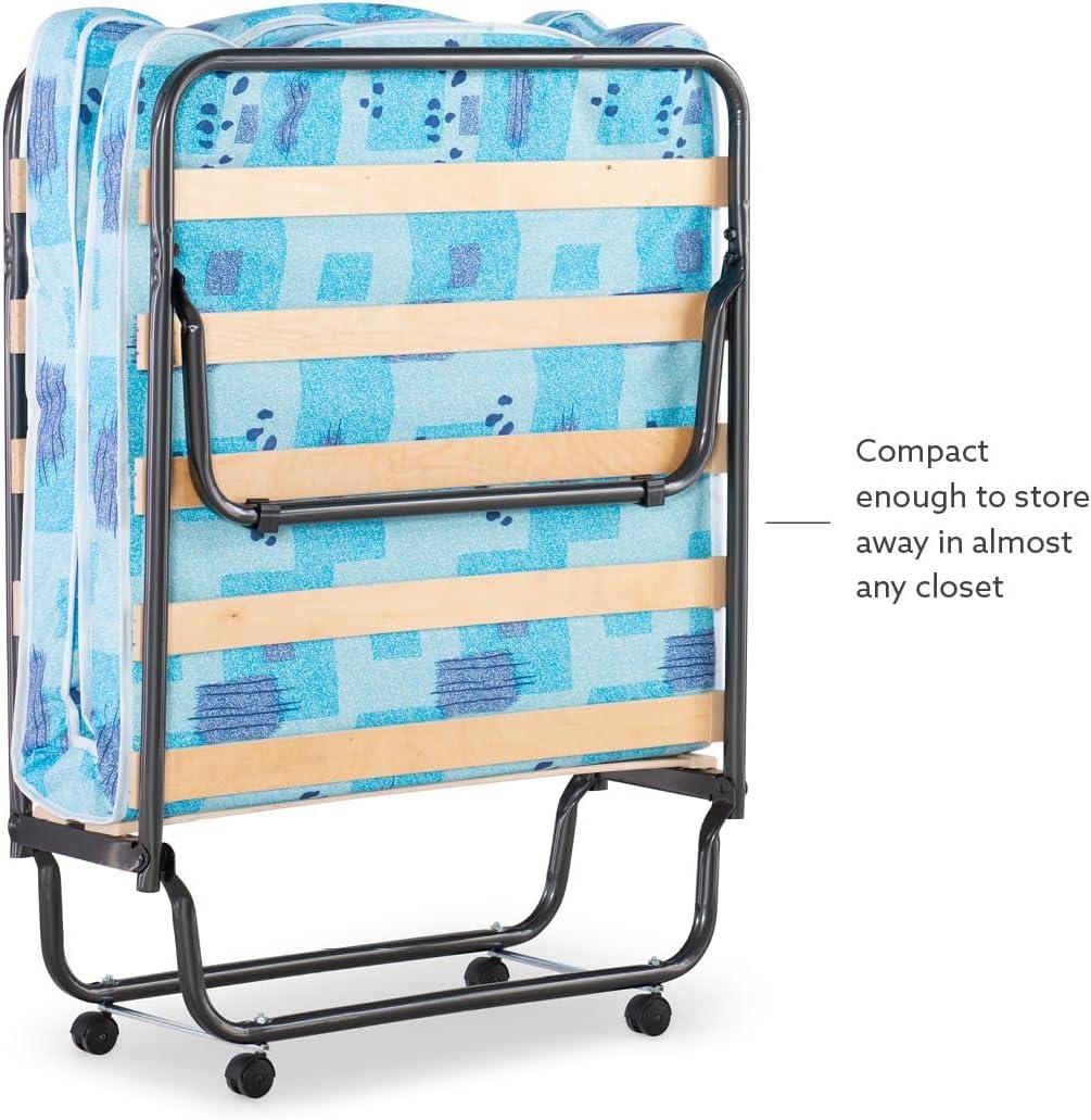 4" Twin Mattress Metal Frame Roma Rollaway Folding Guest Bed Blue - Linon: Portable, Space-Saving Design with Casters