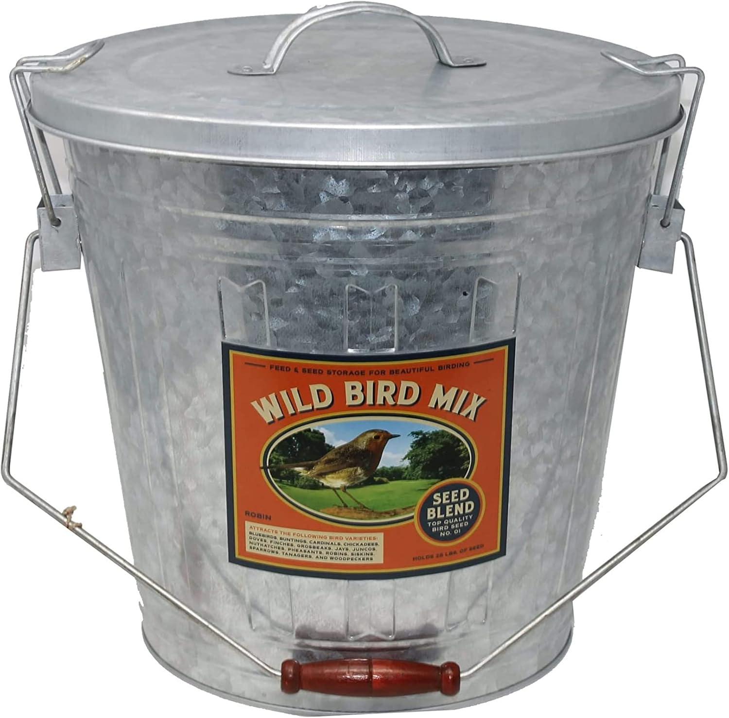 Galvanized Steel Rustic Farmhouse Bird Seed Storage Bucket with Scoop