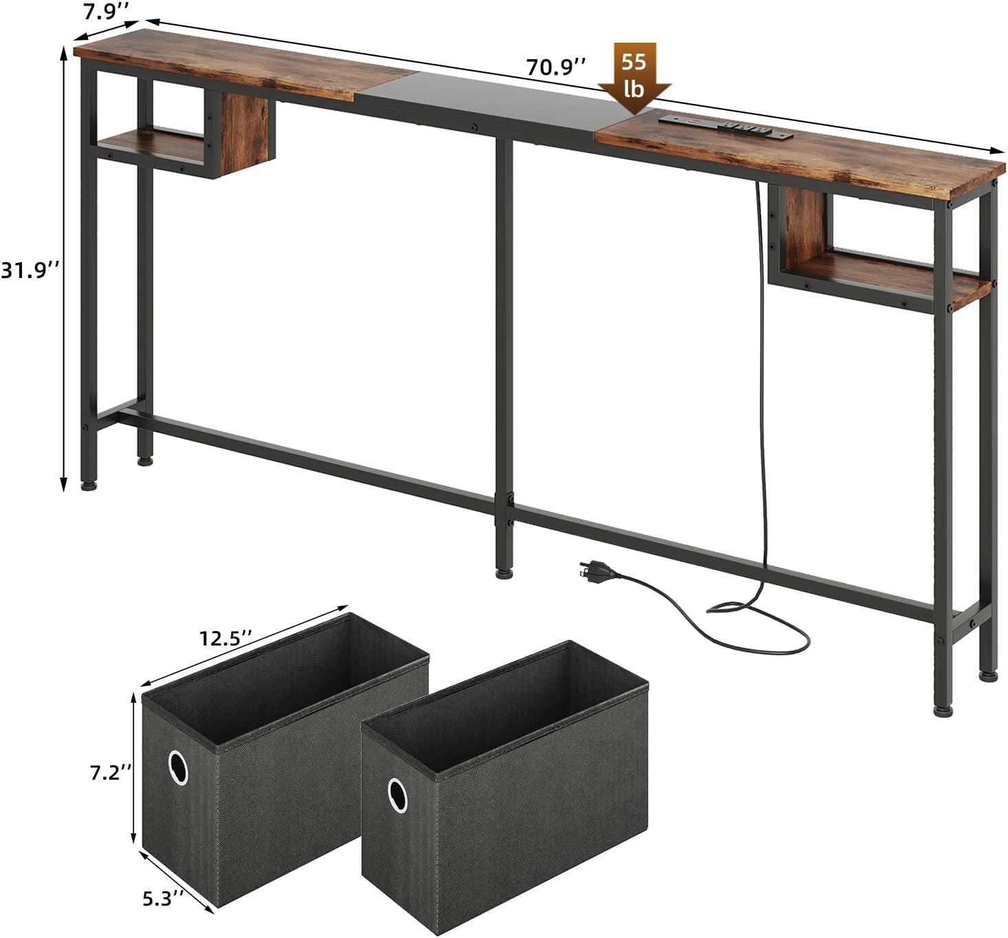 VASAGLE Narrow Console Table 70.9" with 2 Outlet and 2 USB Ports Sofa Table with Charging Station Long Entryway Table