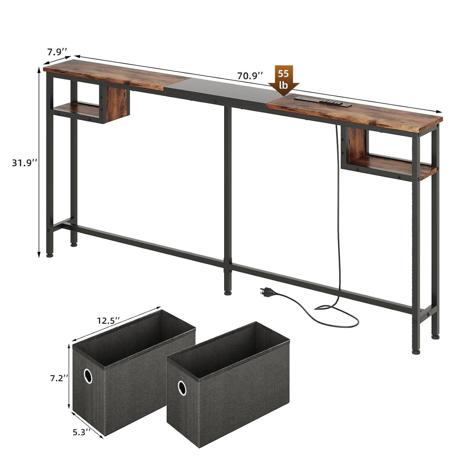 VASAGLE Narrow Console Table 70.9" with 2 Outlet and 2 USB Ports Sofa Table with Charging Station Long Entryway Table Rustic Brown and Black