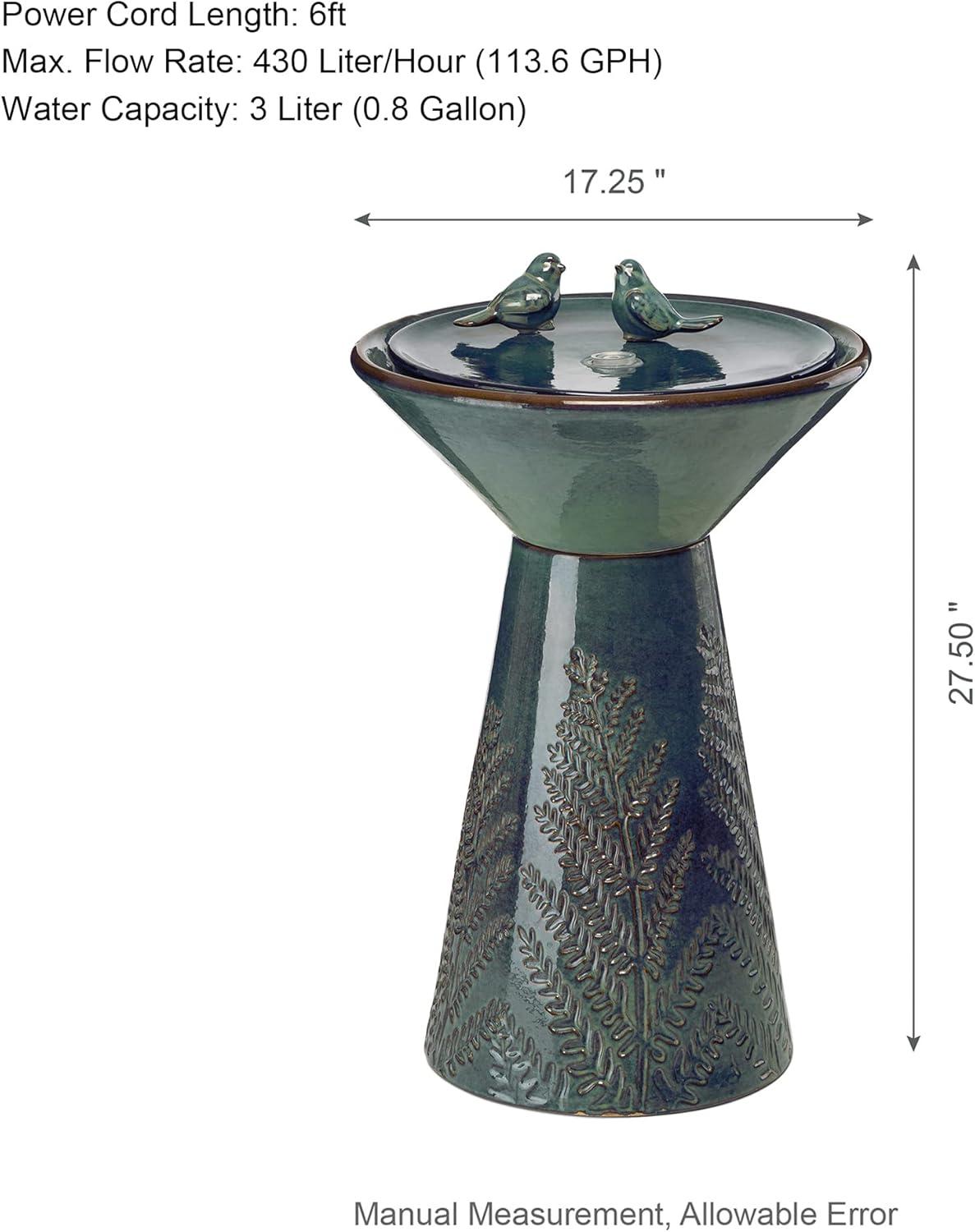 Glitzhome 27.5" Fountain with Pump and LED Light Embossed Pedestal Ceramic Bird Bath, Turquoise