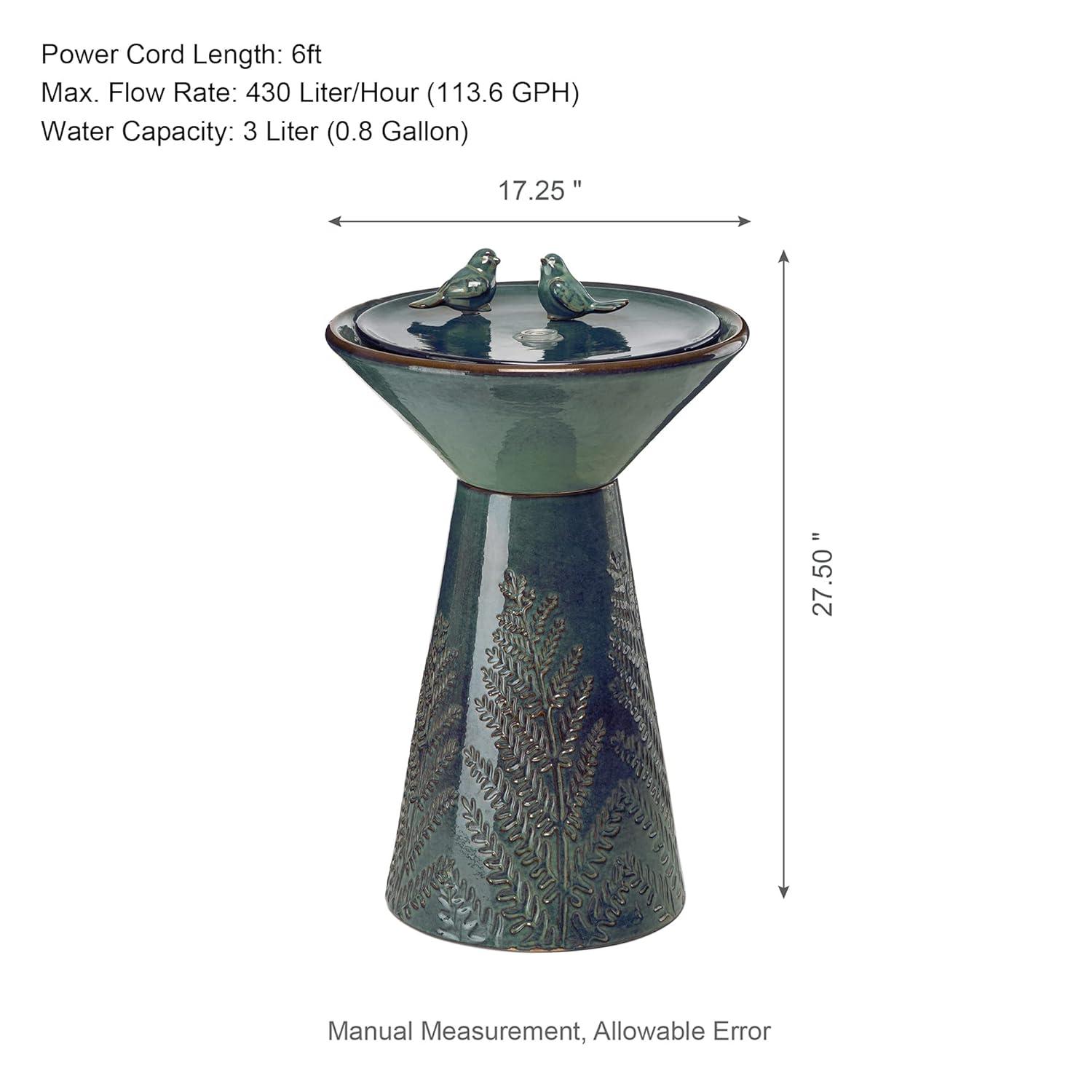 Glitzhome 27.5" Fountain with Pump and LED Light Embossed Pedestal Ceramic Bird Bath, Turquoise
