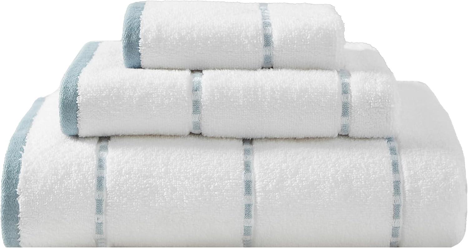 White and Blue Cotton 3-Piece Towel Set with Edge Embellishment