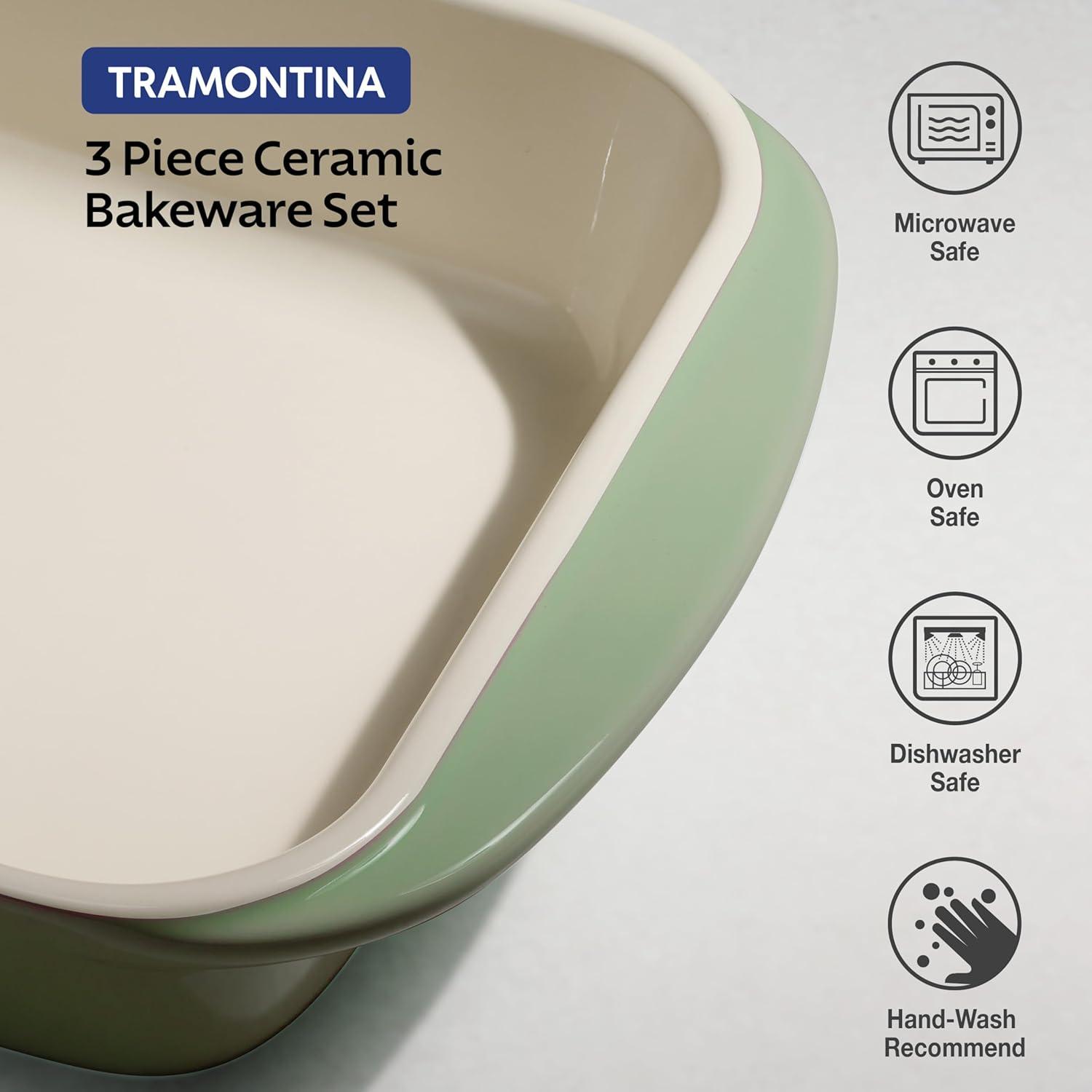 Tramontina Mae 3-Piece Ceramic Porcelain Baking Pans Set, Cactus, Non Stick Casserole Dishes for Oven, Rectangular Bakeware for Lasagna, Cakes and Loafs