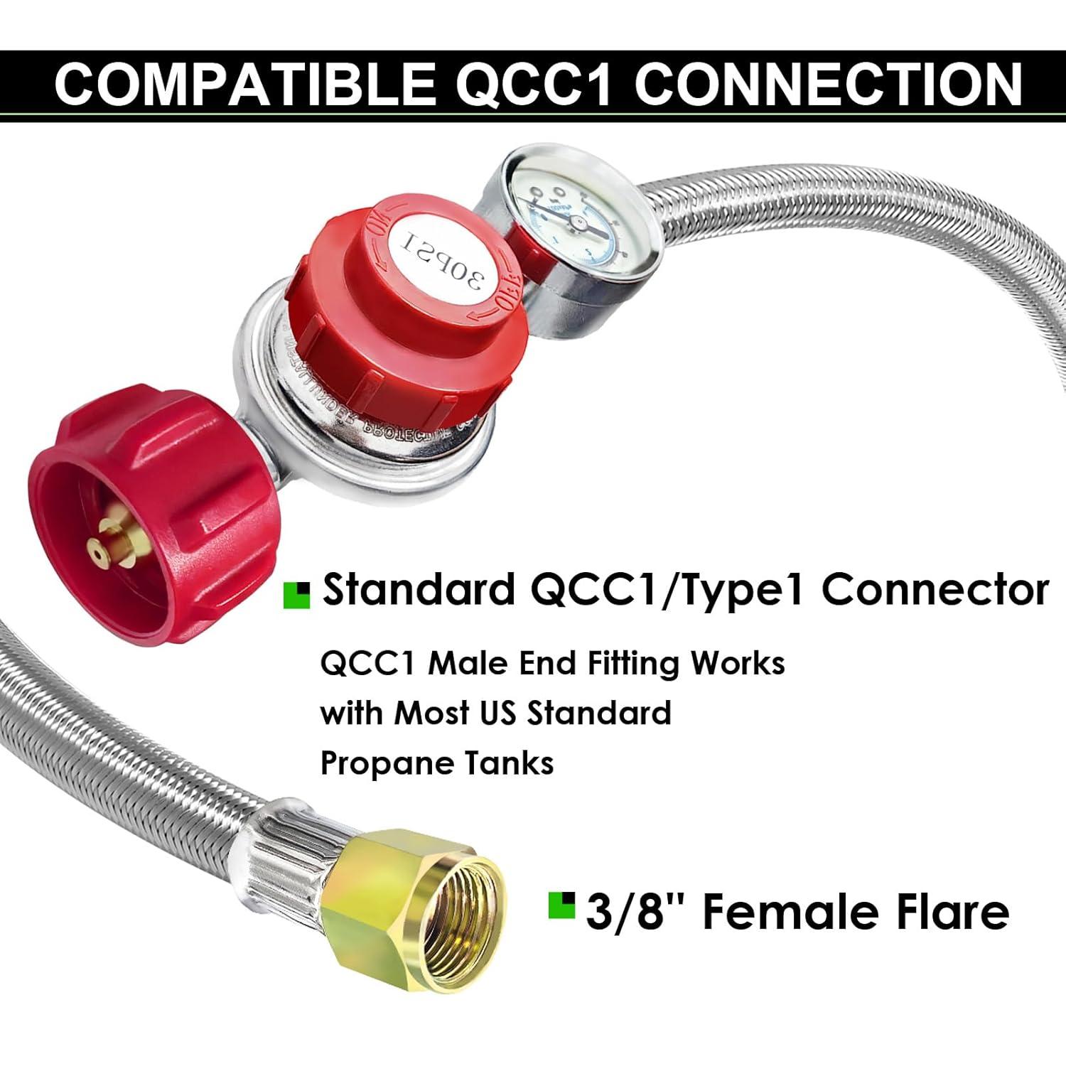 Gaspro 12ft 0-30 PSI Adjustable Propane Regulator with Gauge Stainless High Pressure Propane Hose with Regulator and  3/8" Female Connector