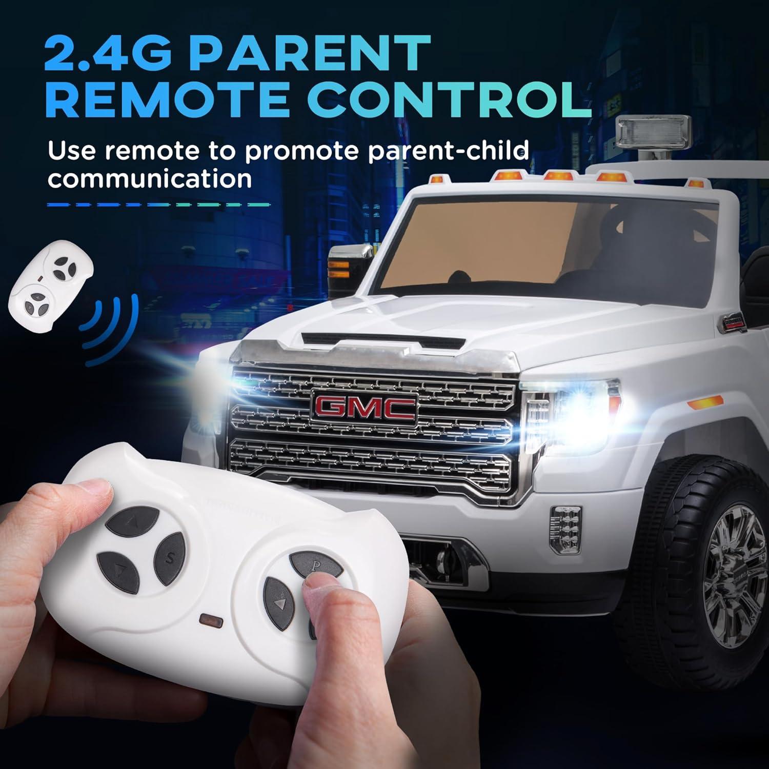 Aosom 12V GMC Sierra HD Licensed Ride on Truck, Battery Powered Electric Car for Kids w/ Remote Control, Headlights & Four Wheel Suspension, White